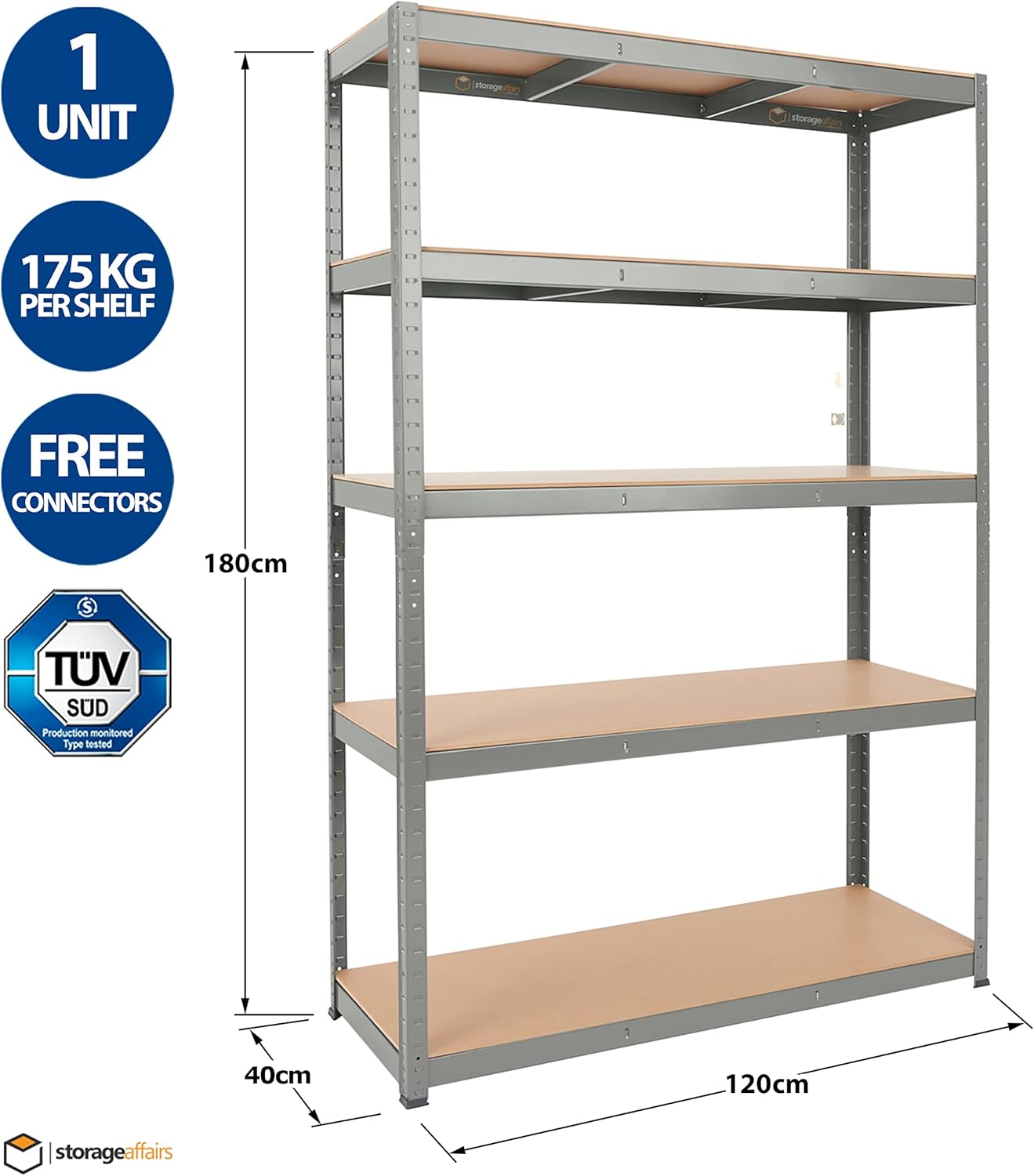 Buy Storage Affairs Shelving Unit 5 Levels, 180H x 120W x 40D (cm