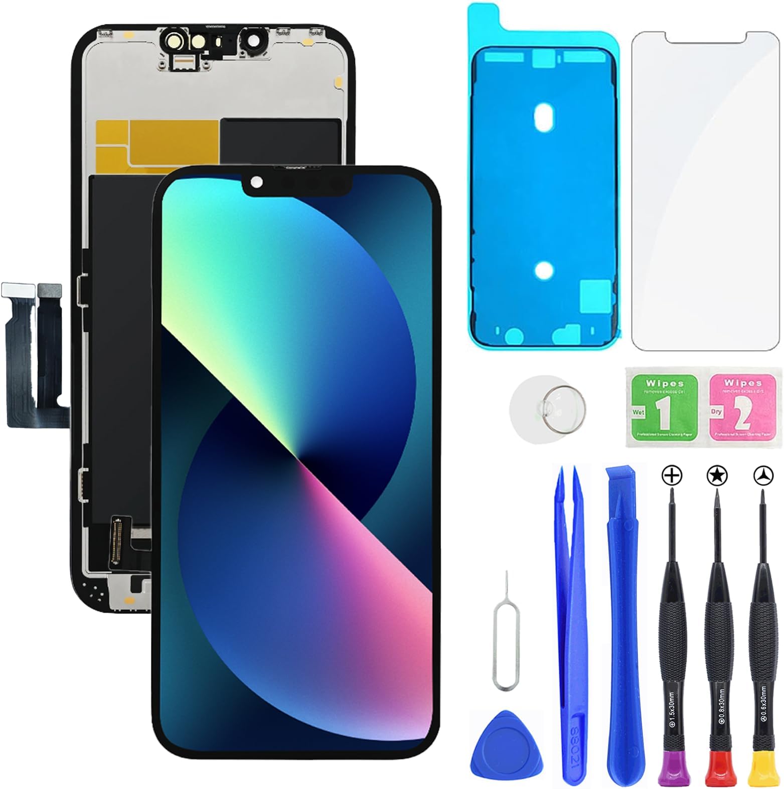 for iPhone 13 LCD Display FHD Screen Replacement 3D Touch Digitizer Frame Full Assembly with Repair Tools Kit for 6.1 inch A2633, A2482, A2631, A2634, A2635+Waterproof Adhesive+Screen Protector