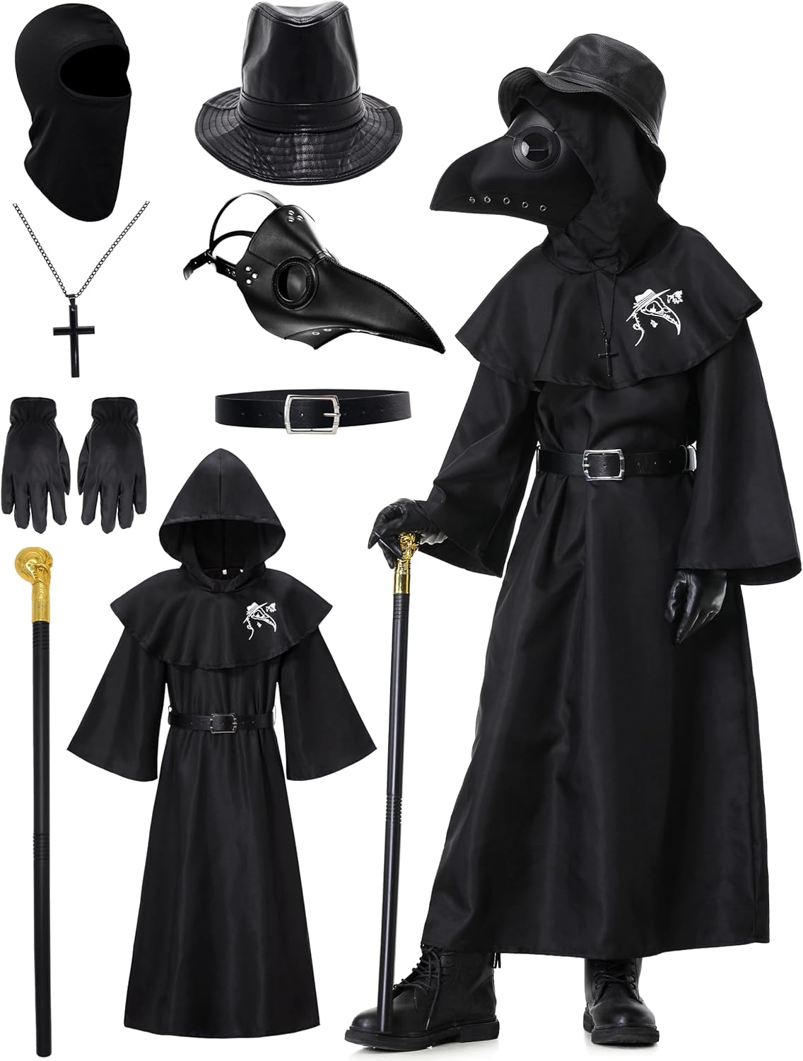 Plague Doctor Costume for Kids 5-12 - Halloween Outfit With Robe and Mask Set for Boys and Girls