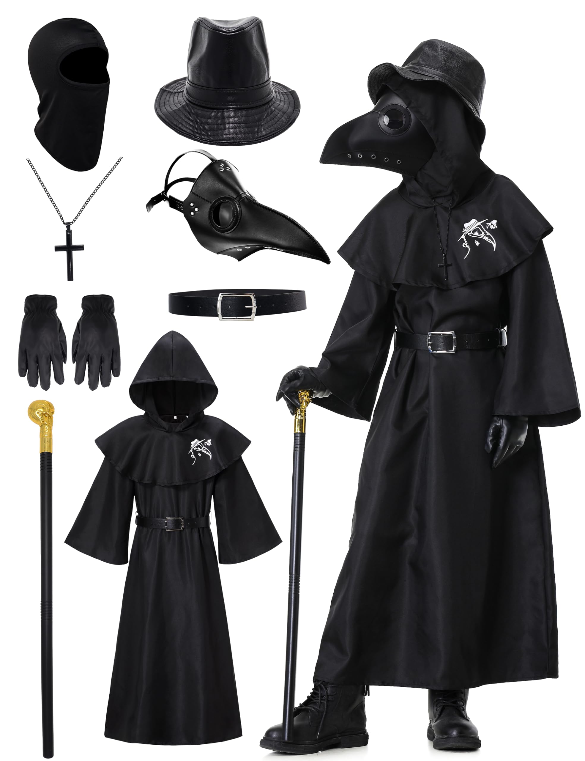 Plague Doctor Costume for Kids 5-12 - Halloween Outfit With Robe and Mask Set for Boys and Girls 140