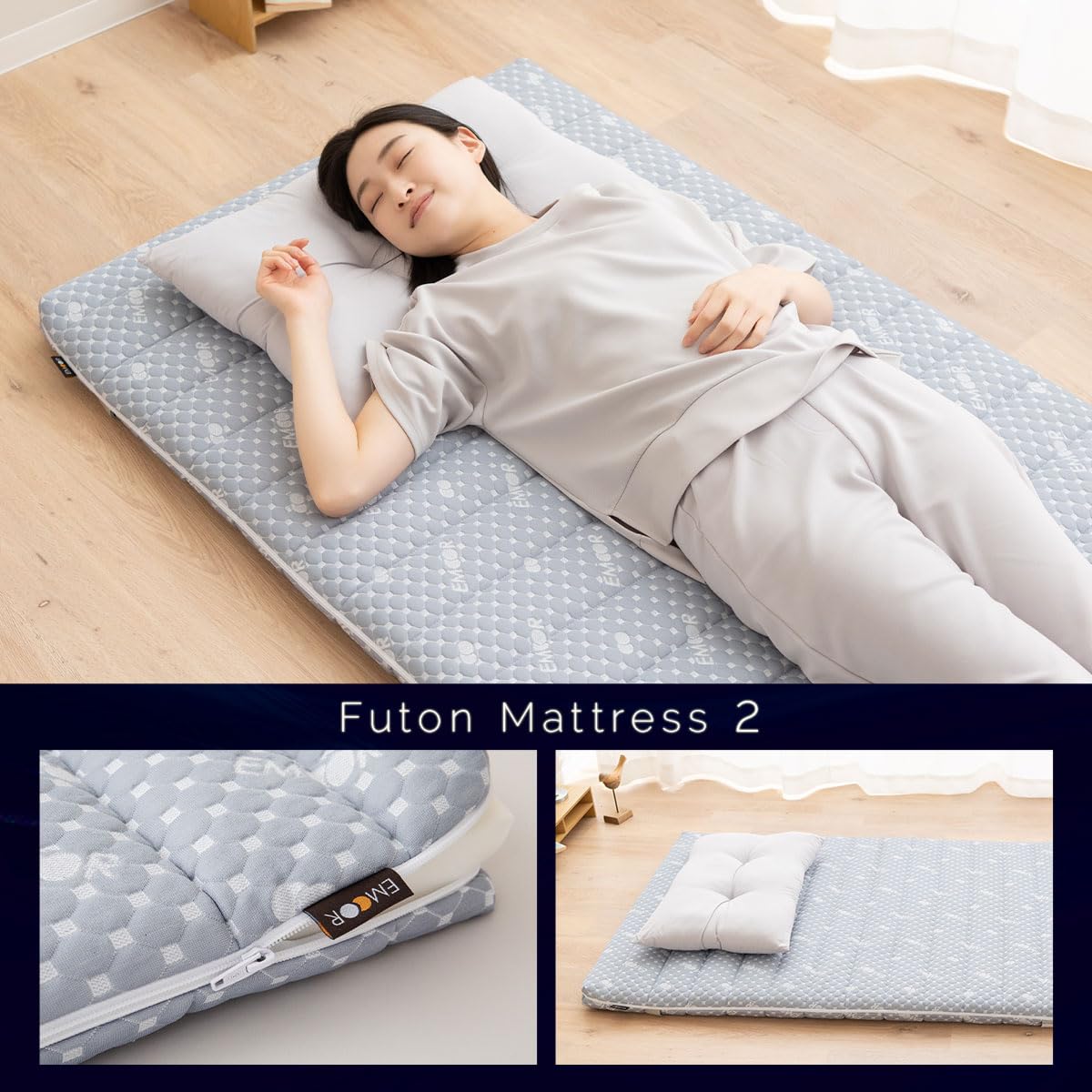EMOOR Matelas de Futon Hybride Pliable 90 x 195 cm avec Housse Rembourrée Lavable Gris, Taille Single Japonaise Mousse Uréthane Haute Résilience 150N Surmatelas de Sol Tatami
