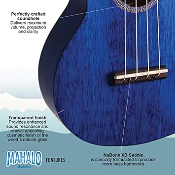 Mahalo MH2-TBU Hano Series Concert Ukulele, Transparent Blue
