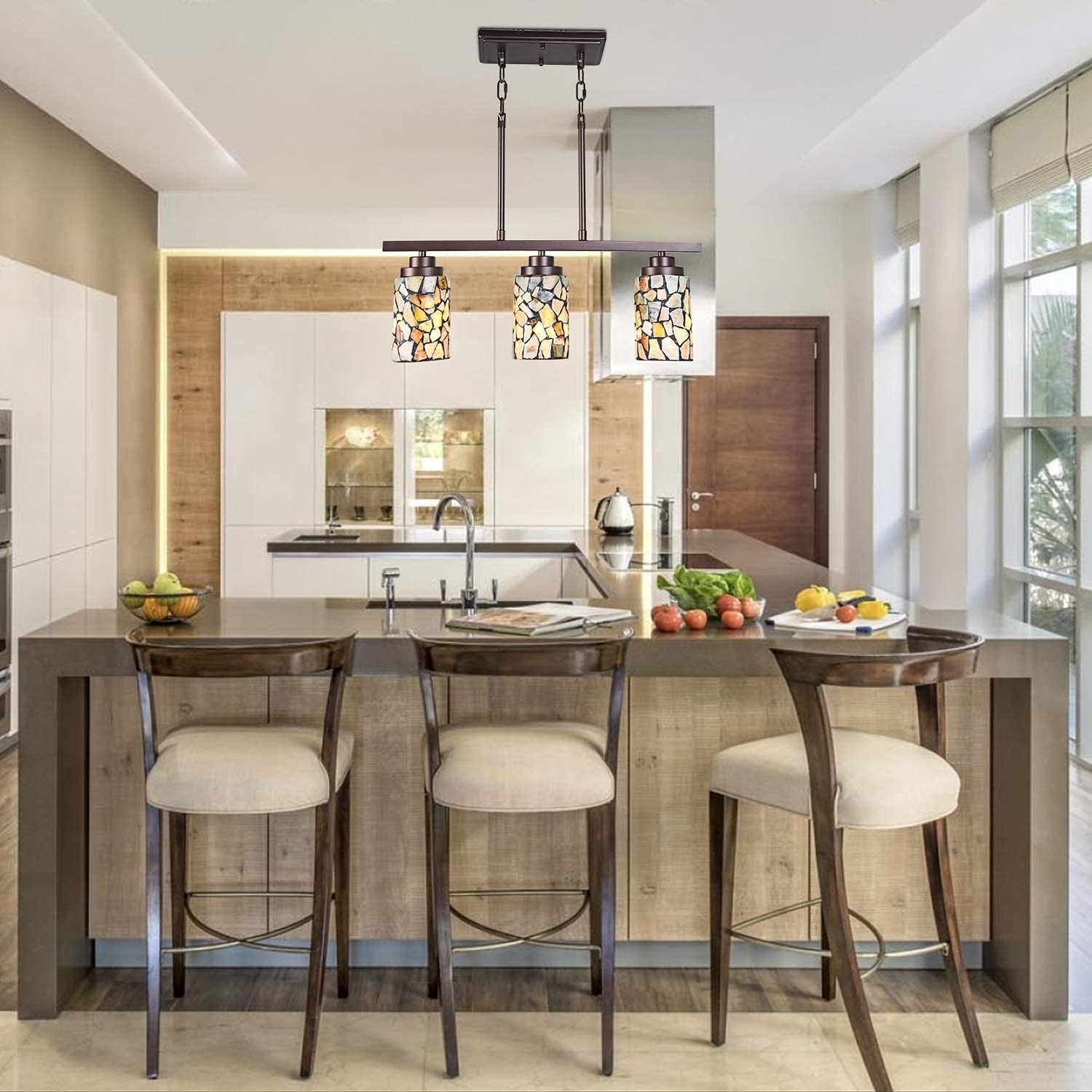 ARTZONE Tiffany Pendant Light Fixture[3 Lights][24.4''Wide*Adjustable Height] Mosaic Tiffany Style Hanging Chandelier for Kitchen Island Dining Room(Natural Stone)