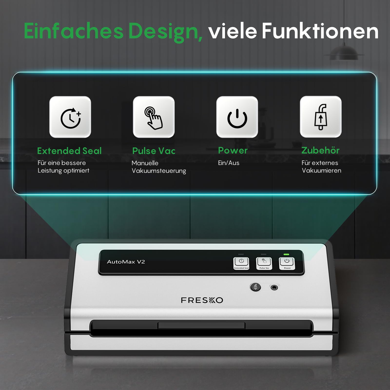 FRESKO Automatische Vakuumiergerät 140W Doppelte Heißsiegelung Trocken-/Feuchtmodus Einhand-Bedienung Automatischer Verriegelung 10 Beutel Automax V2