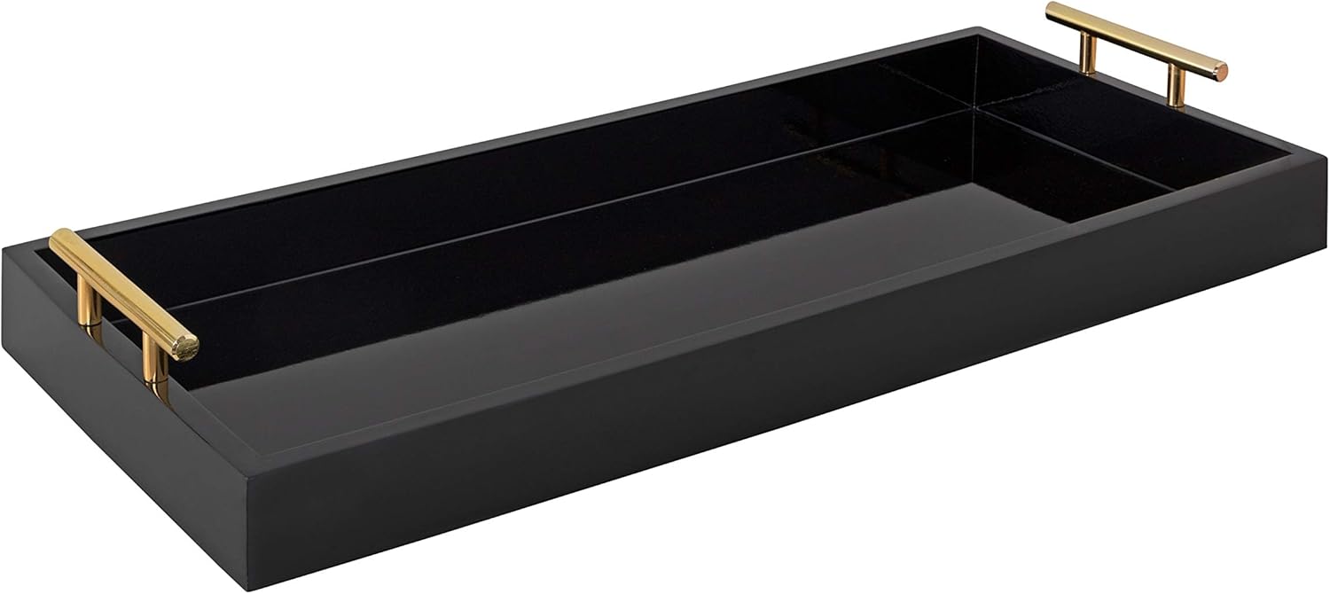 Kate and Laurel Lipton Narrow Decorative Tray with Polished Metal Handles, 10 x 24, Black and Gold, Chic Accent Tray for Display and Storage