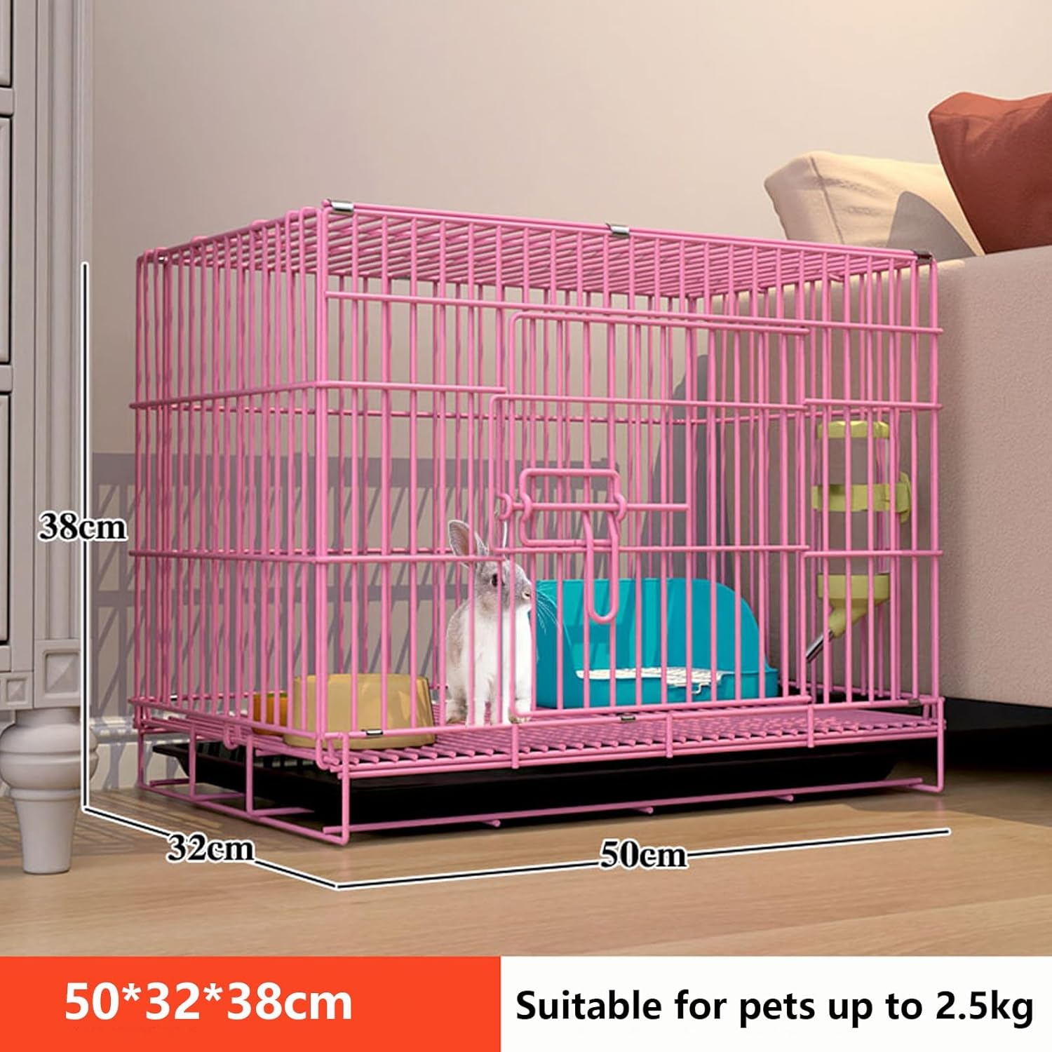 Folding Metal Rabbit Cage Indoor and Outdoor Bunny Hutch Rabbit House with Floor Grid & Front Door Portable Pet Crate with Leak-Proof Pan for Small Animal Guinea Pig Ferret Cat & Dog (Color : Pink,