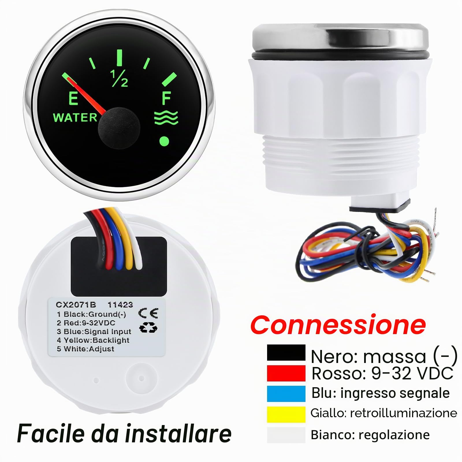 Barca a vela marina 52 mm (2 '') Indicatore del livello dell'acqua con retroilluminazione a 7 colori 12 V 24 V con 200 mm Sensore di invio livello acqua/carburante
