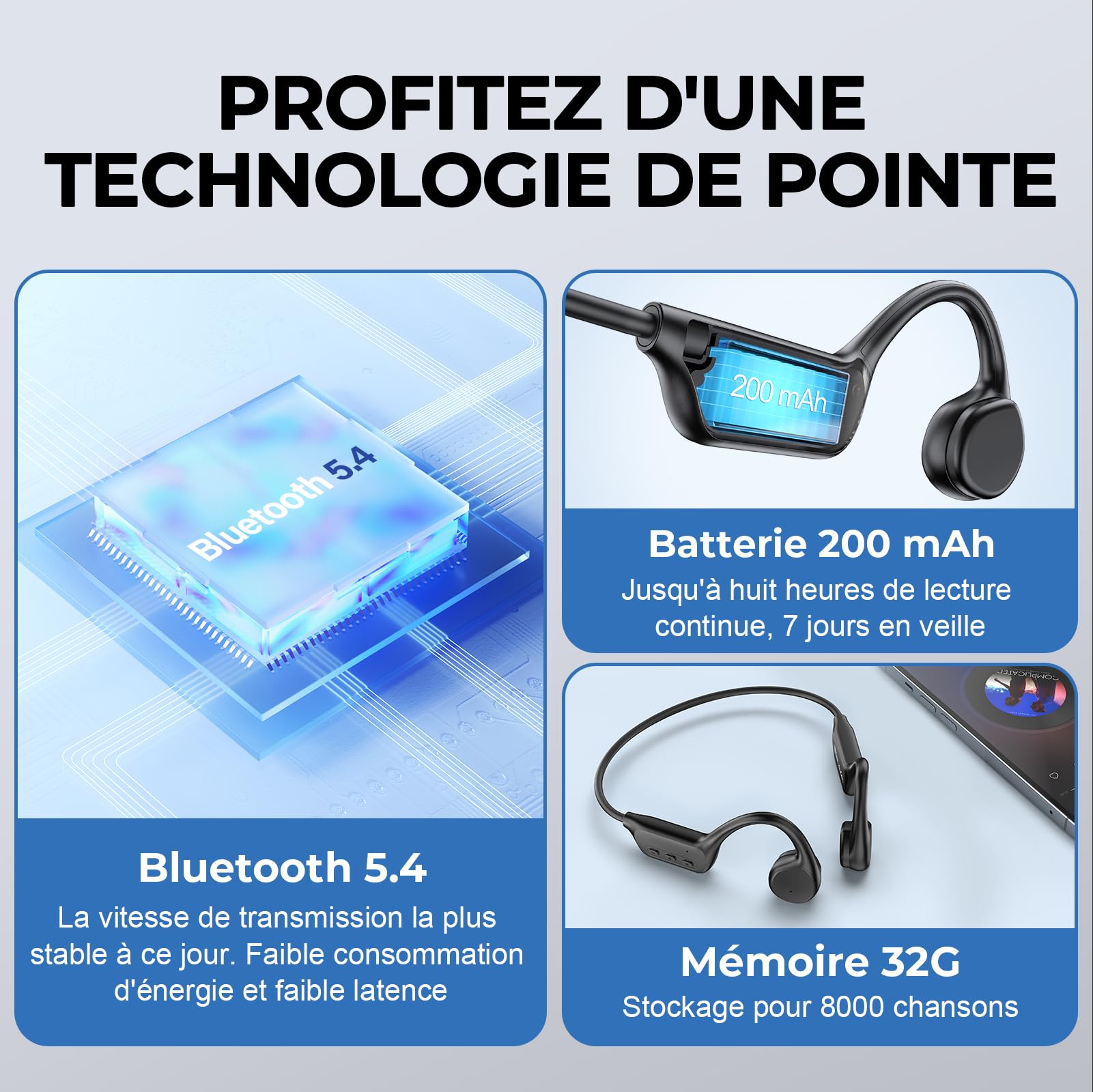 Casque Conduction Osseuse, Écouteur Natation À Bluetooth 5.4, mémoire 32 Go intégrée, Lecteur MP3 Étanche IPX8, 10 Heures de Jeu, Ecouteur Natation sans Fil, Casque Sport pour la Natation