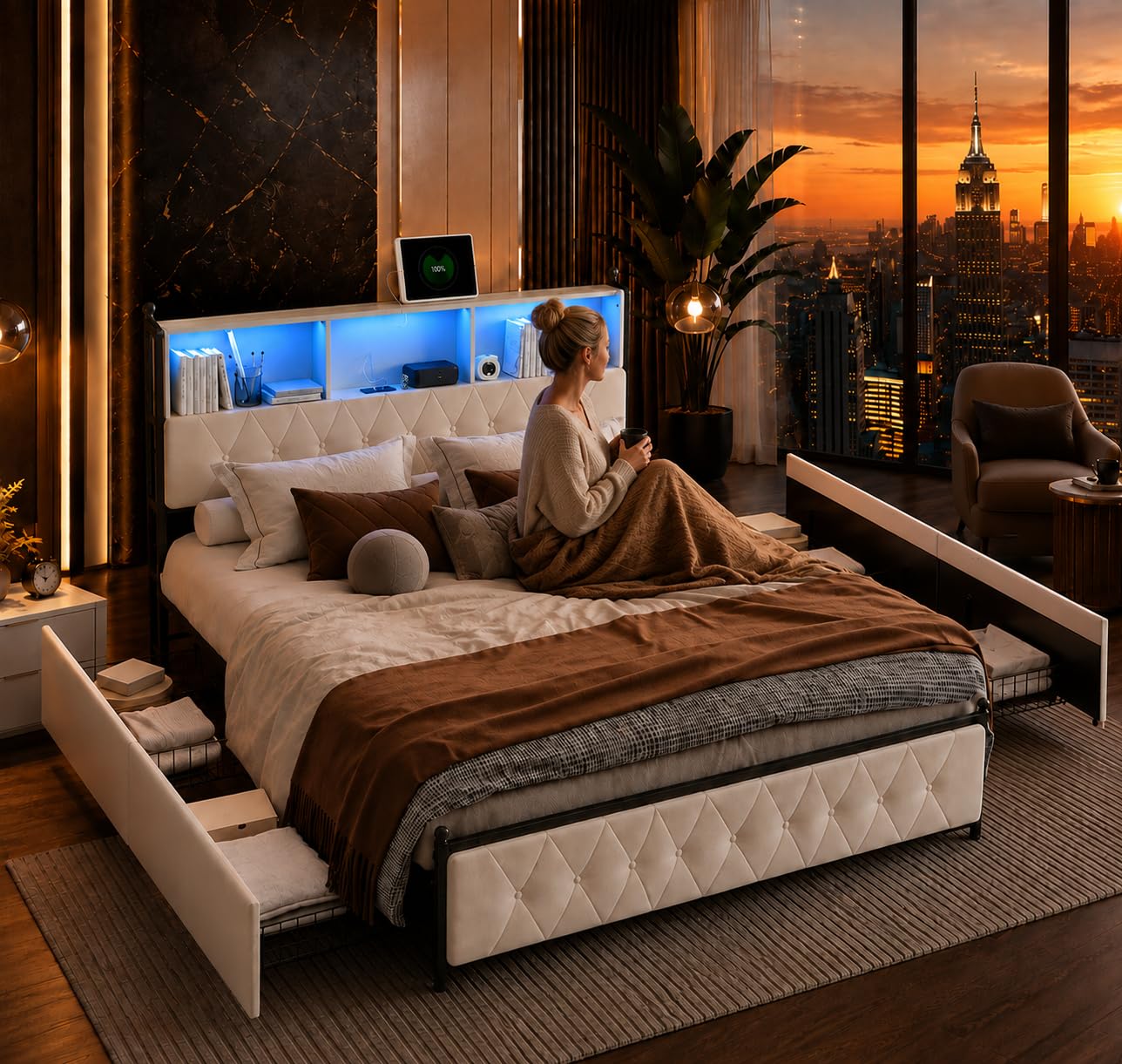 Polsterbett 180x200 cm, Doppelbett mit 4 Schubladen, Stauraumbett 180x200 mit Bettkasten und Lattenrost, Staufach-Kopfteil mit LED und USB Ladestation,Jugendbett Samt Beige, Ohne Matratze