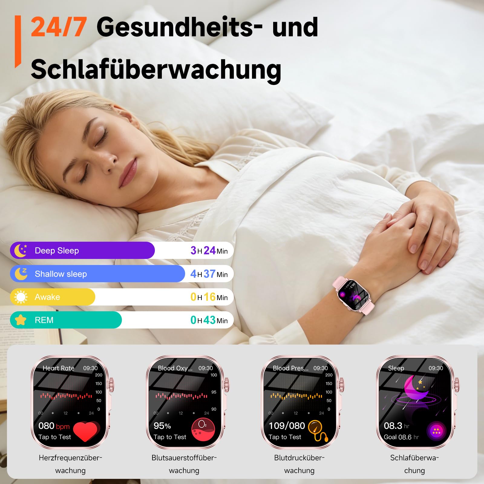 Smartwatch Damen mit EKG+HRV/Blutdruck/Schlaf/Emotion/Stimmung/LED-Licht | 2,0"Gesundheitsuhr mit Pulsuhr Harnsäure Körpertemperatur SpO2 Menstruationszyklus BMI, SOS-Notruf Fitnessuhr für iOS/Android