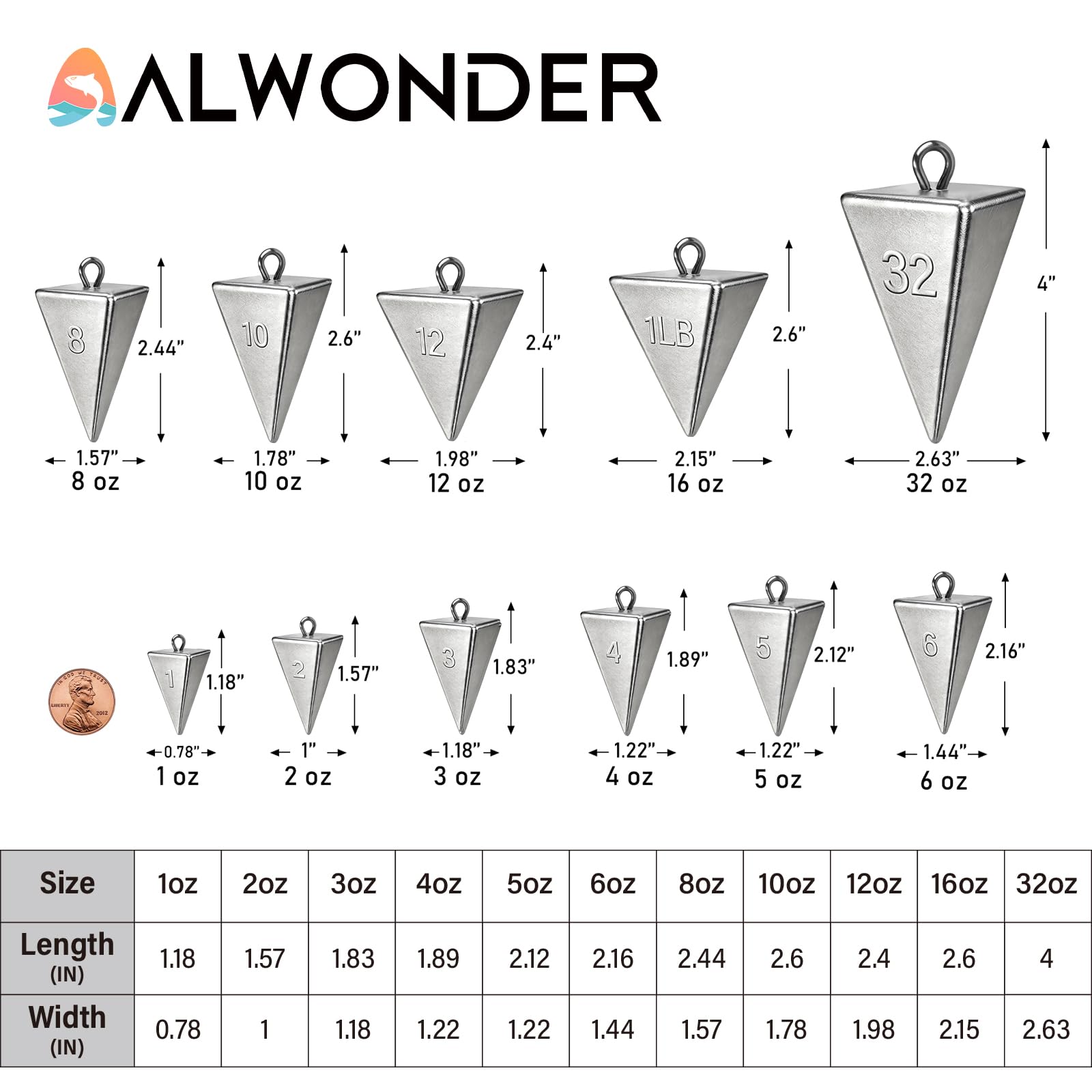 Alwonder Pyramid Sinkers Pesas de pesca, plomos de agua salada, plomo, plomo, para pesca de surf en el océano, equipo de pesca, aparejos de bagre, 1 onza, 1-3/4 onzas, 3 onzas, 4 onzas, 5 onzas, 6