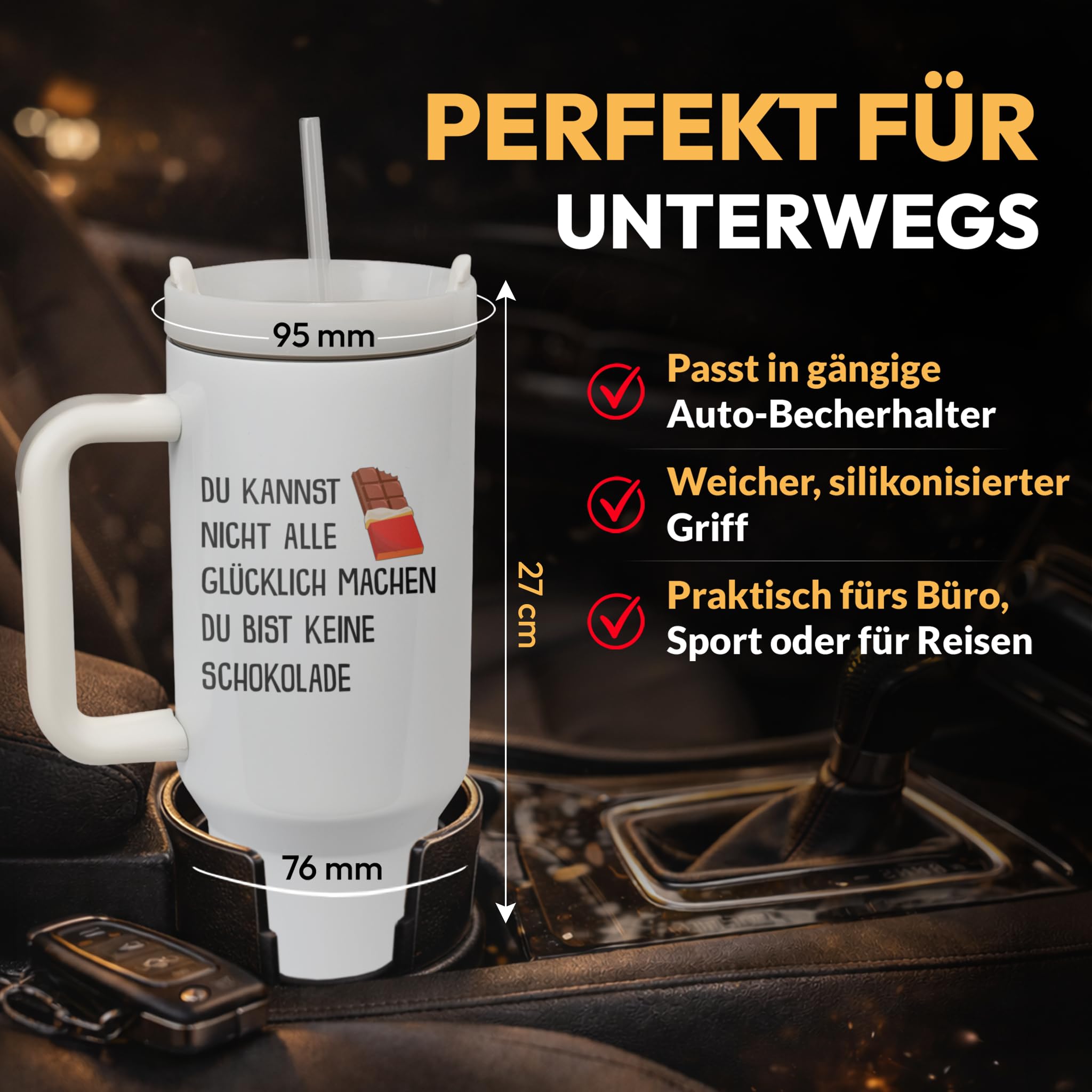 XXL Thermobecher für Frauen, Männer & Kollegen – Lustiges Geschenk zum Geburtstag & Abschied – Edelstahl Trinkflasche, Weiß mit Schokolade Spruch (WIEDERVERWENDBAR)