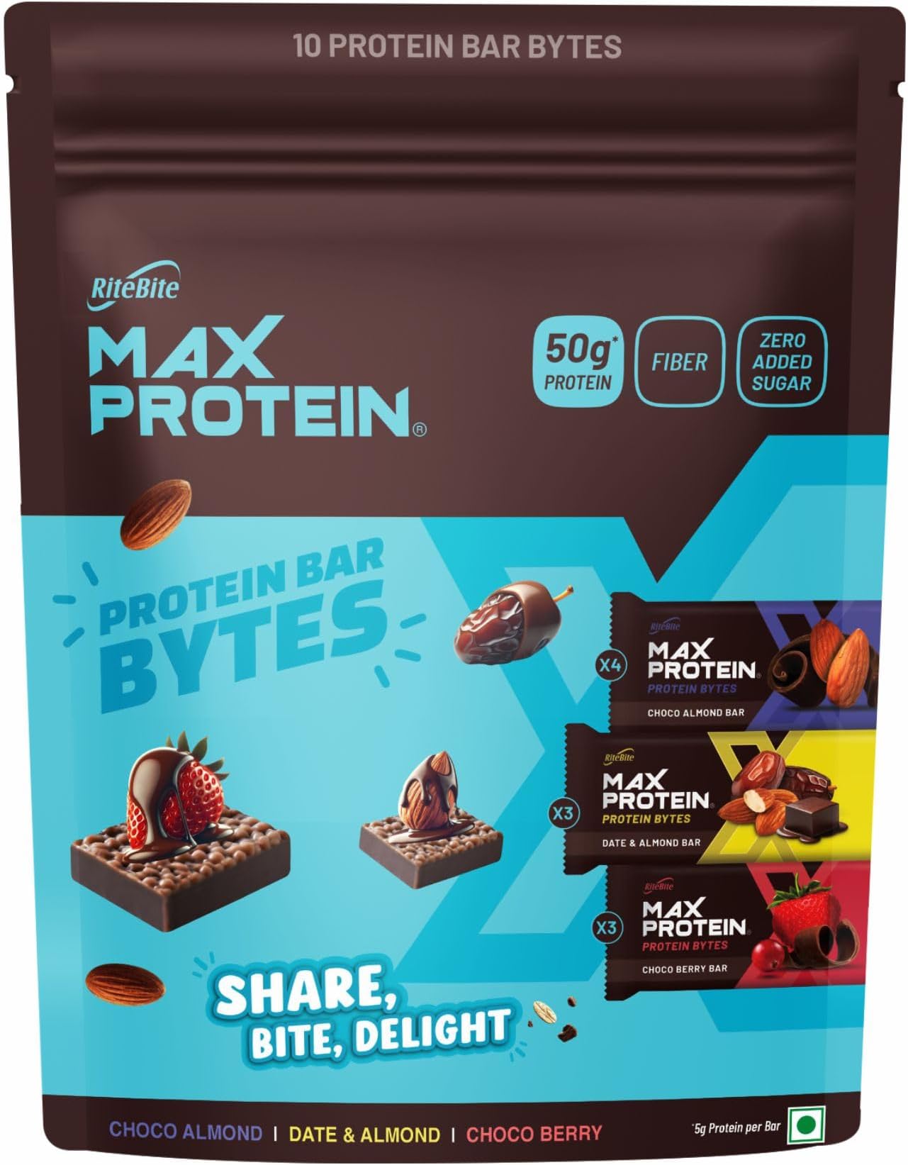 RiteBite Max Protein 5g Mini Protein Bar Bytes | Trial Pack of 10 | 5g Protein, Zero Added Sugar | Also Includes New Date & Almond Flavor | 244g