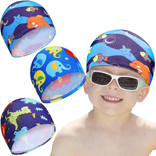 Miniatura 6 de Gorros de natación para niños, 3 piezas, tiburón, delfín, sombreros de natación, unisex, de poliéster, gorra de ducha para piscina, gorras de