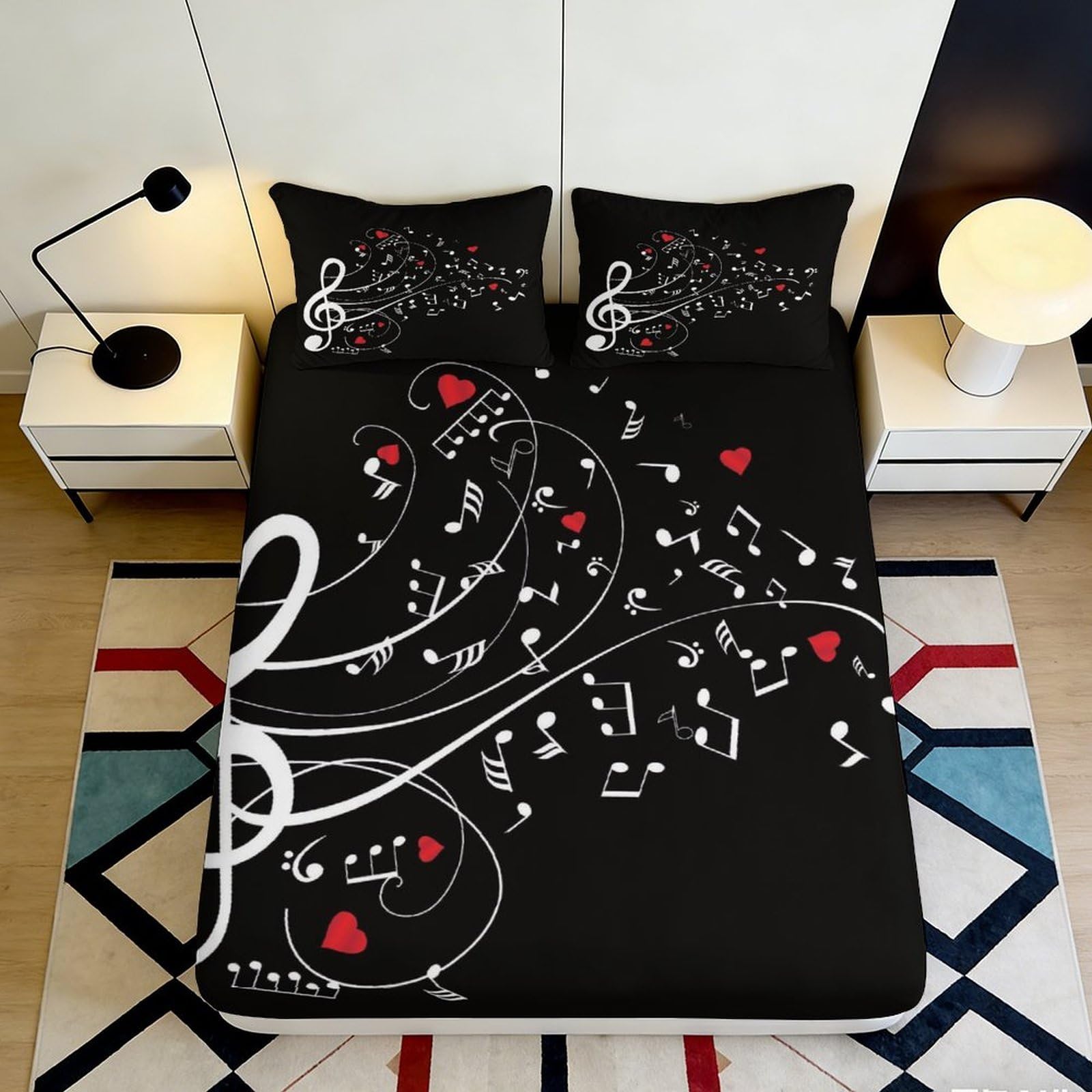 3D Printed Musical Notes Fitted Sheet Microfiber Black Heart Bed Cover for Bedroom Dorm Mattress Protection Decor 90x200x25cm