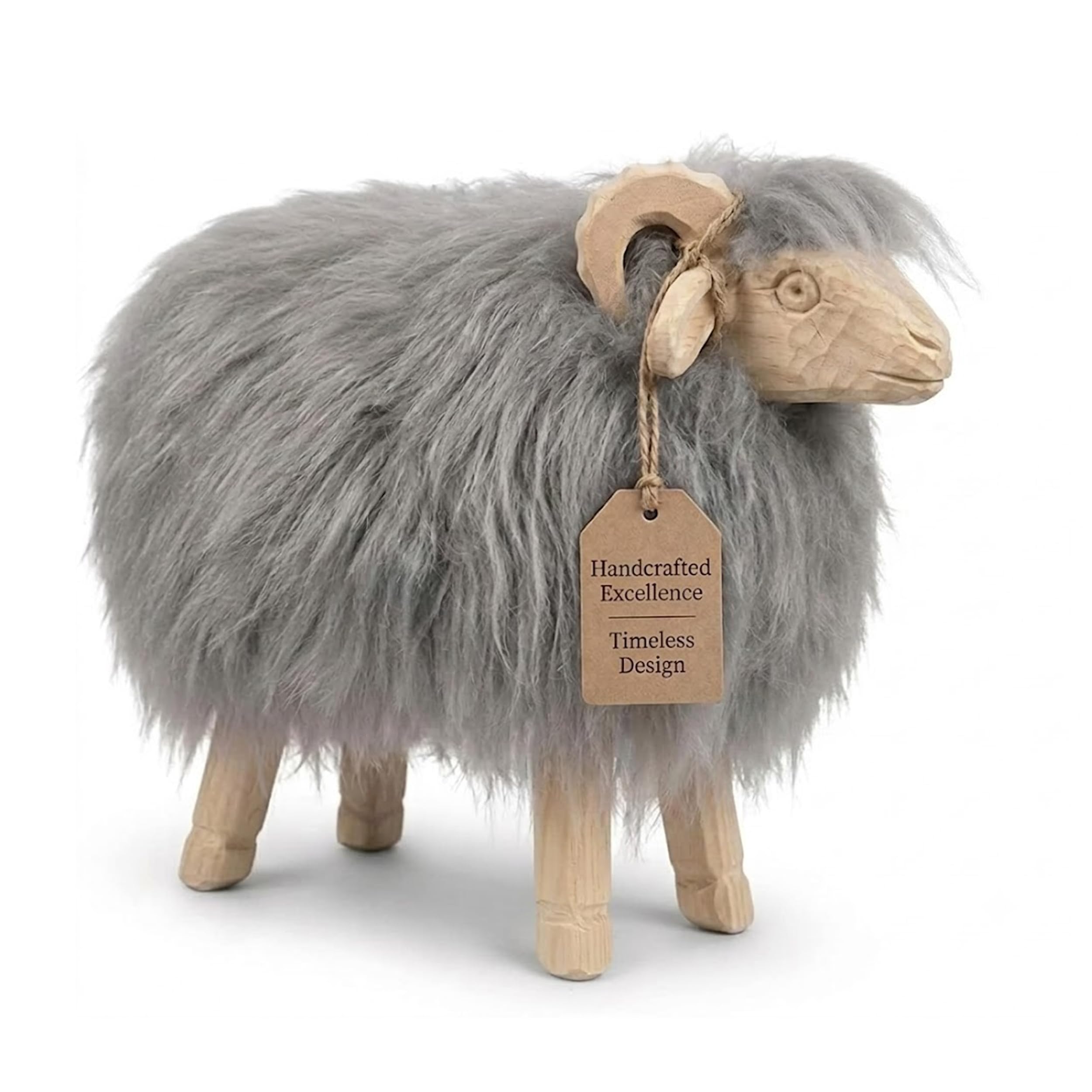 Schafhocker – Handgefertigtes Dekoelement, Körper aus Fichtenholz, Kopf und Geweih aus Lindenholz, nordische Skandi-Deko, einzigartige Geschenkidee, M, hellgrau