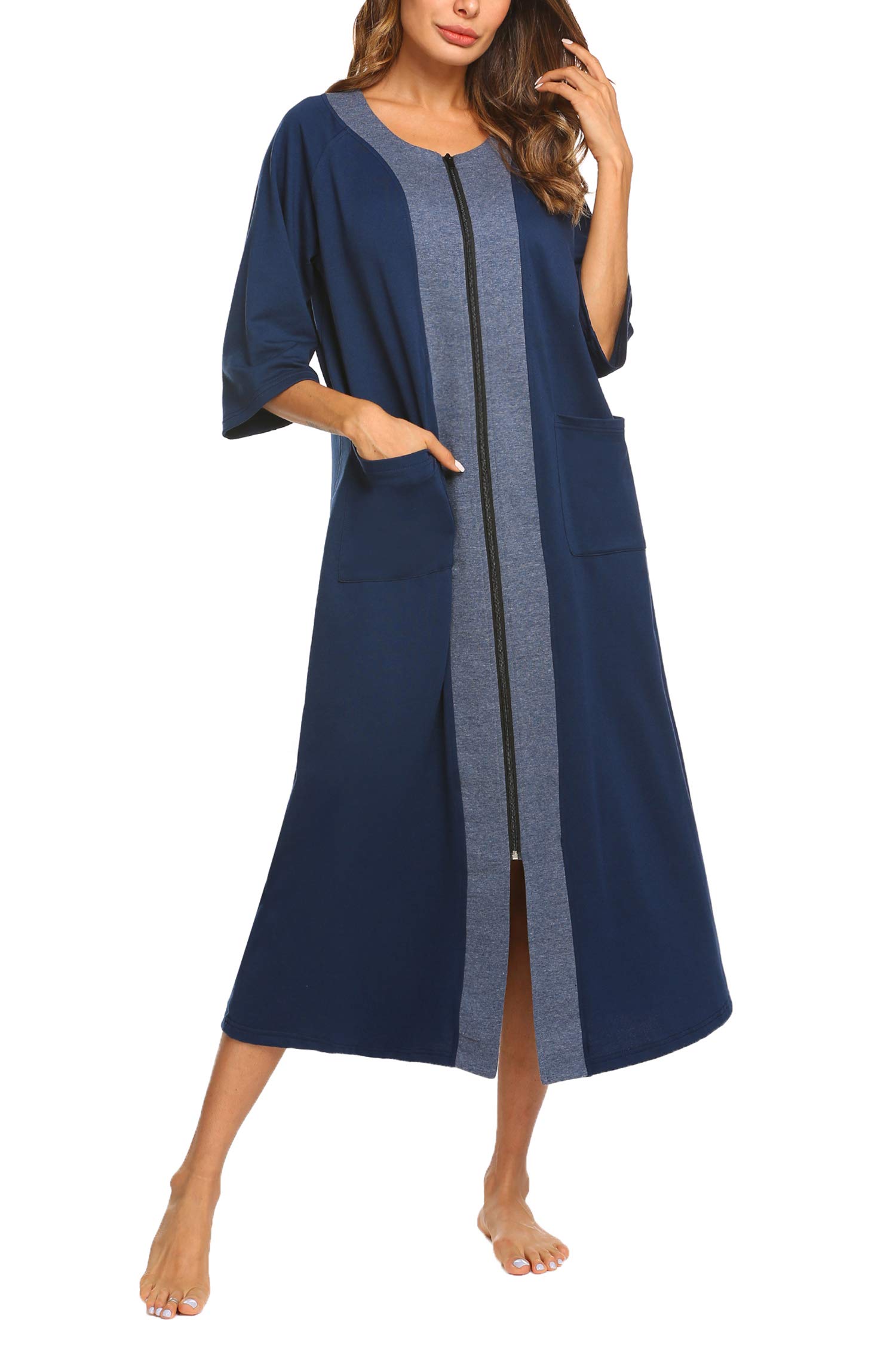 EkouaerWomen Zipper Robe Warm Fleece Long Sleeve Loungewear Full Length  Nightgown Duster Housecoat with Pockets S-XXL