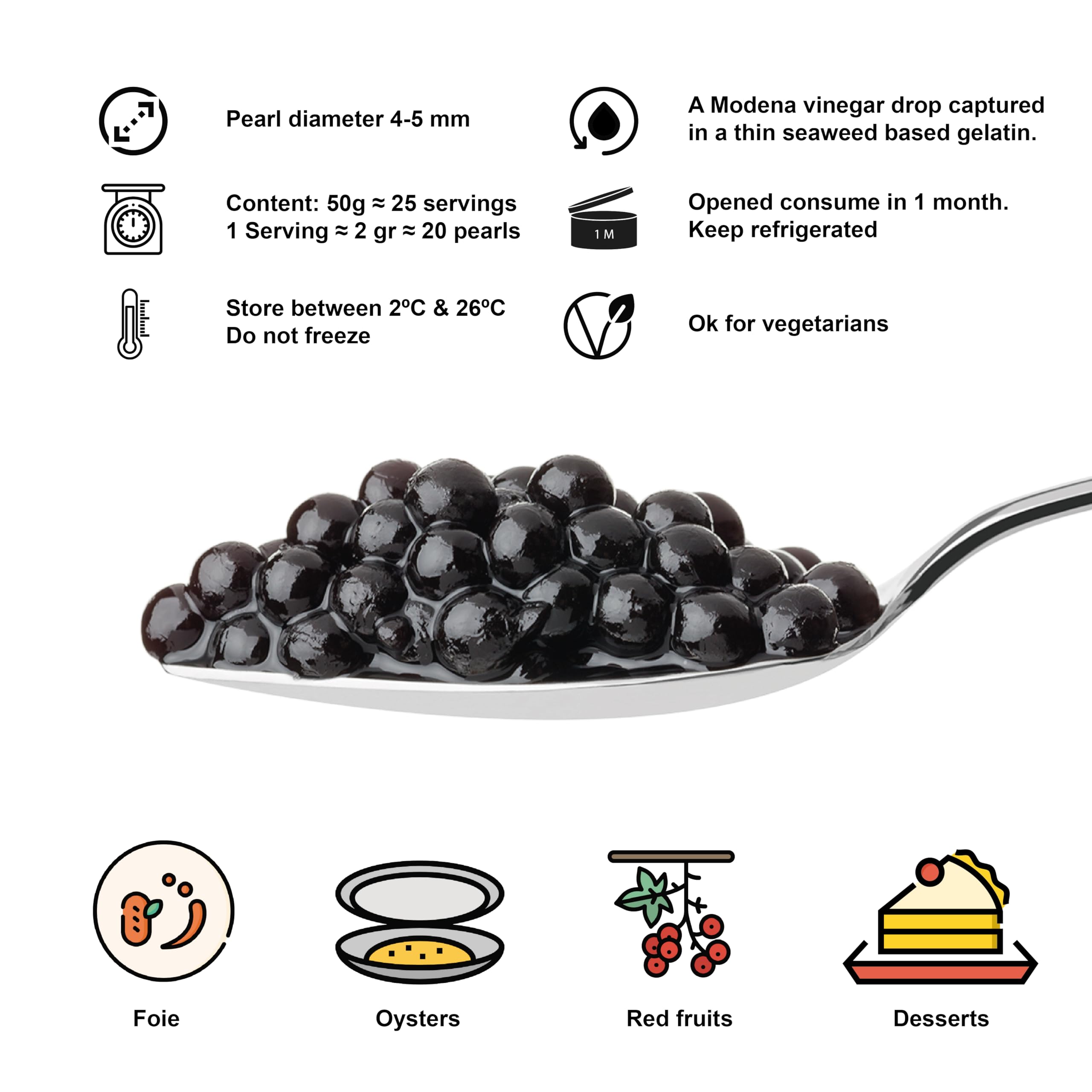 Perles de Vinaigre de Modène Gourmet pour Vinaigrette ou Décoration pot 200gs. Les sphères de vinaigre de Modène dans son intérieur liquide explosent dans la bouche lorsqu'elles sont mordues.