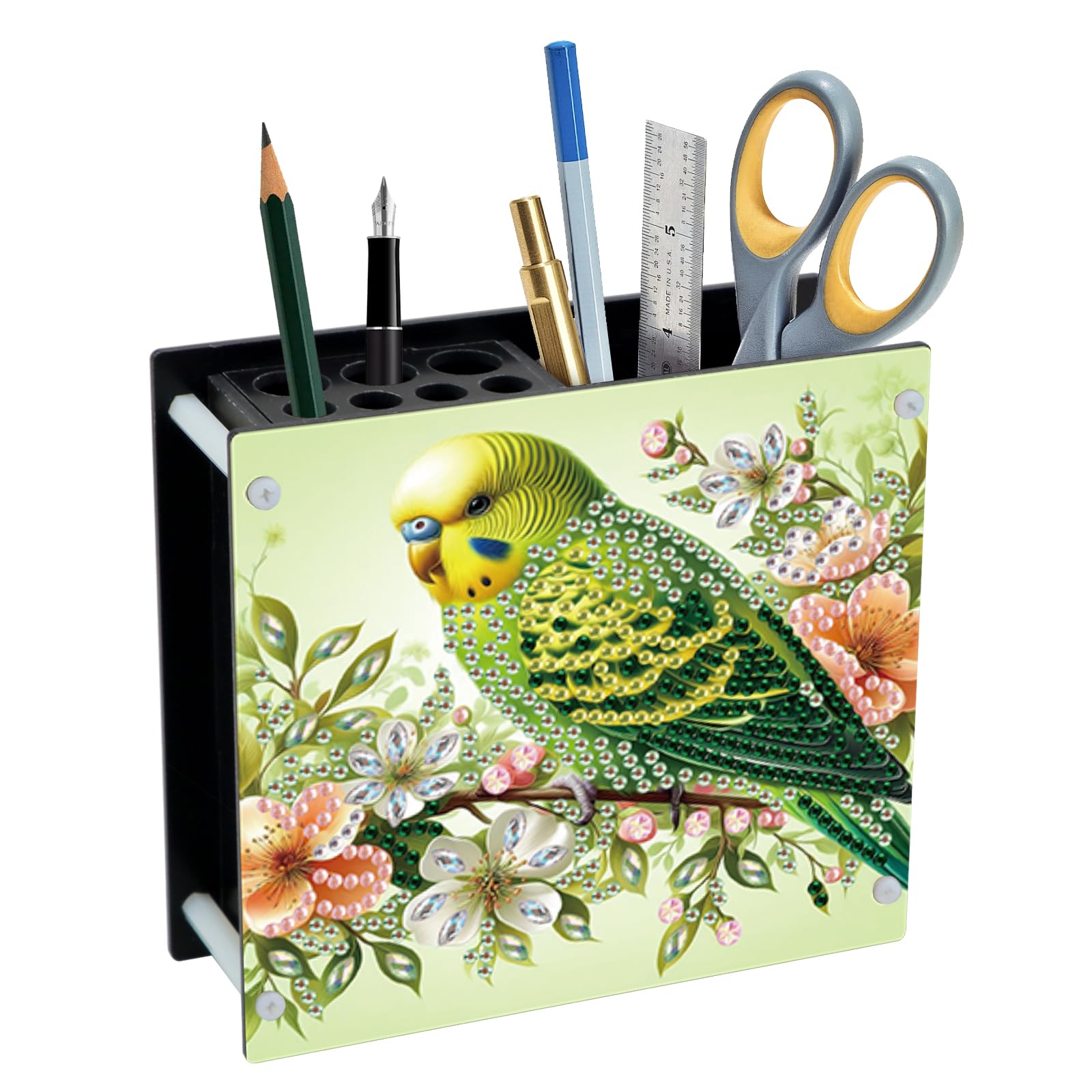 DIY 5D Acrylic Diamond Painting Pen Holder – Vibrant Green Parrot Pencil Cup for Nature &amp; Bird Decor, Perfect for Back to School Season, DIY Pencil Holder Crafts