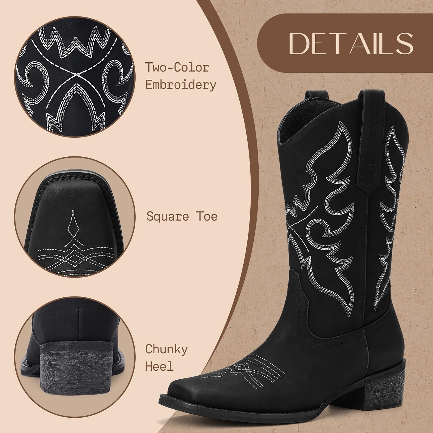 Black Cowboy Boots for Women Square Toe - Mid Calf Western Cowgirl Boots with Embroidery, Pull On Low Chunky Heel Fashion Footwear for Daily Casual Party Country Concert, Size US 5