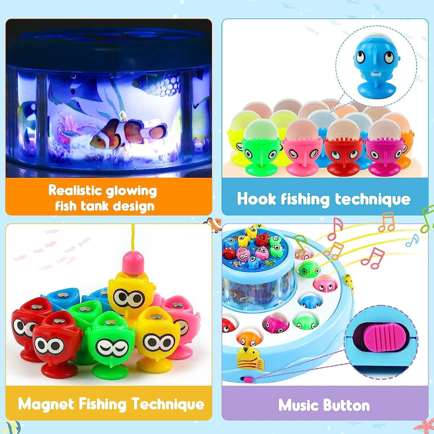 KRIREEN Fish Catching Game with 26 Pcs of Fishes, 2 Rotary Fishing Pond and 4 Catching Rods, with Music and Lights - Multi-Color 4