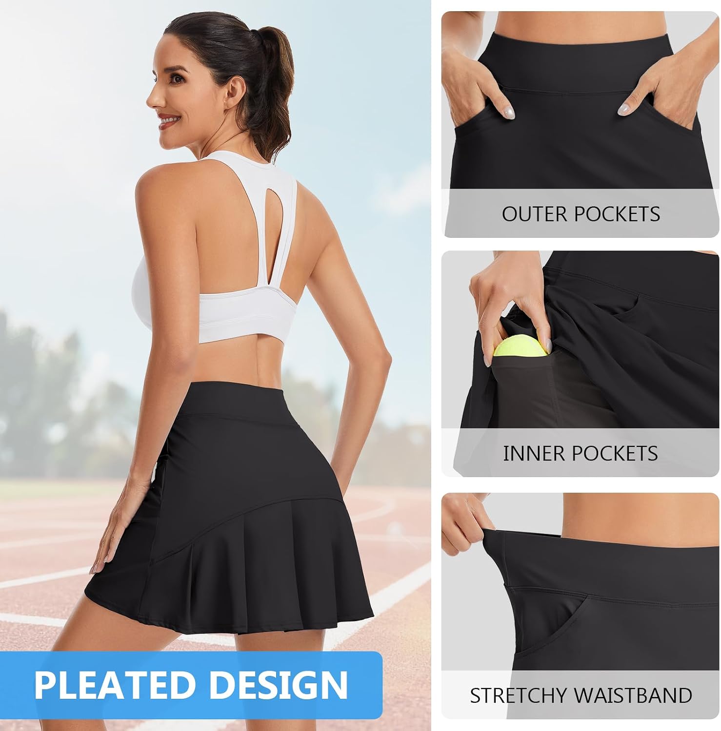 Soneven Womens Pleated Tennis Skirt Golf Skorts with Built‑in Shorts Pockets UPF 50+ Athletic Workout Pickleball