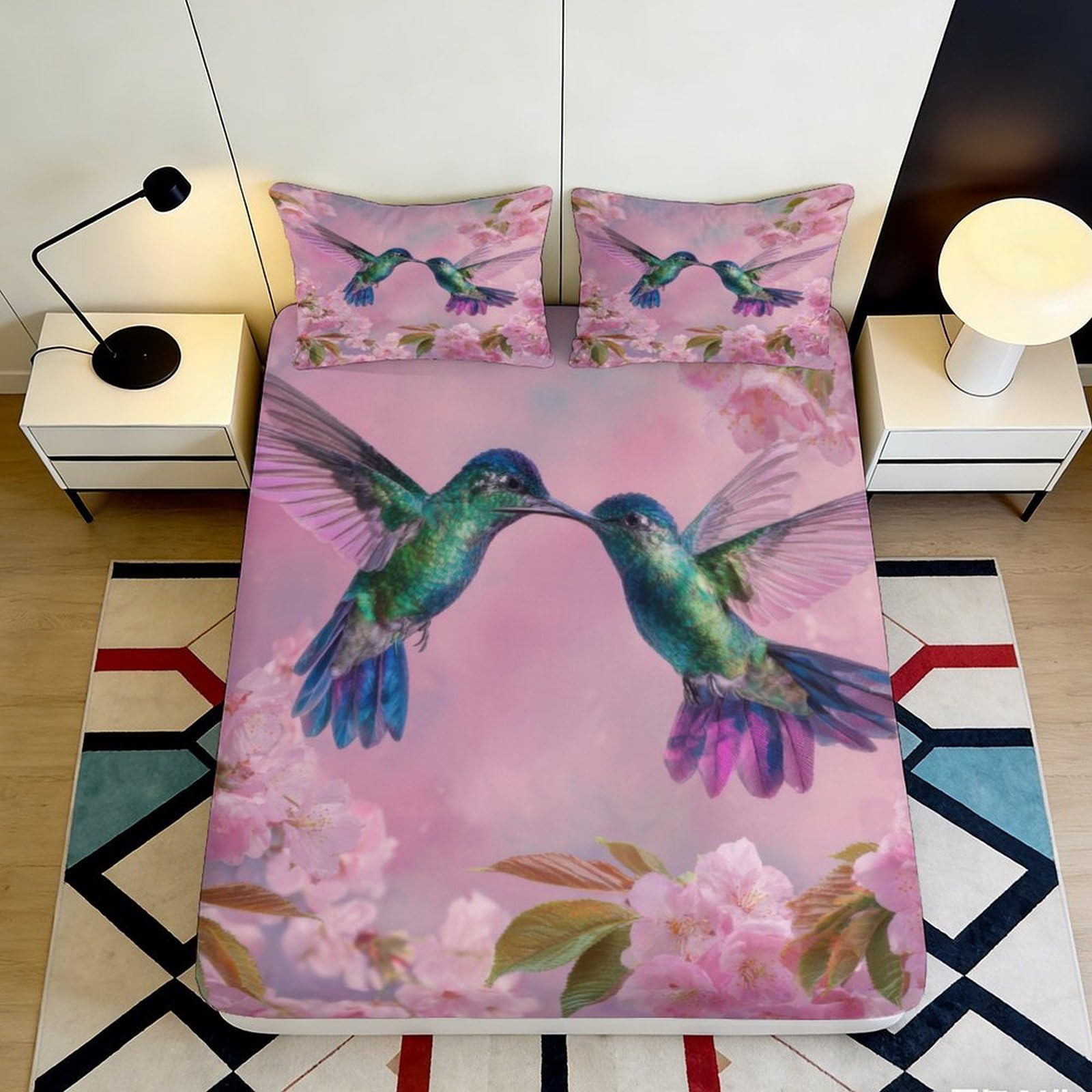 3D Printed Hummingbird Fitted Sheet Microfiber Soft Breathable Cherry Blossom Bed Cover for Bedroom Dormitory Guest Room Mattress Protection Decor 90x200x25cm