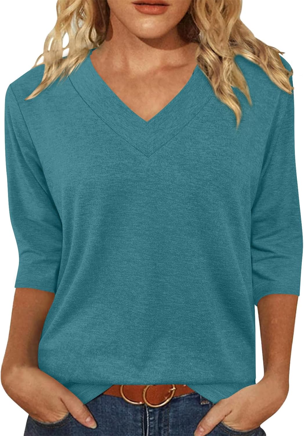 Minetom T-Shirt Women's 3/4 Sleeve V-Neck T-Shirt Summer Top Pullover Autumn Basic Shirts