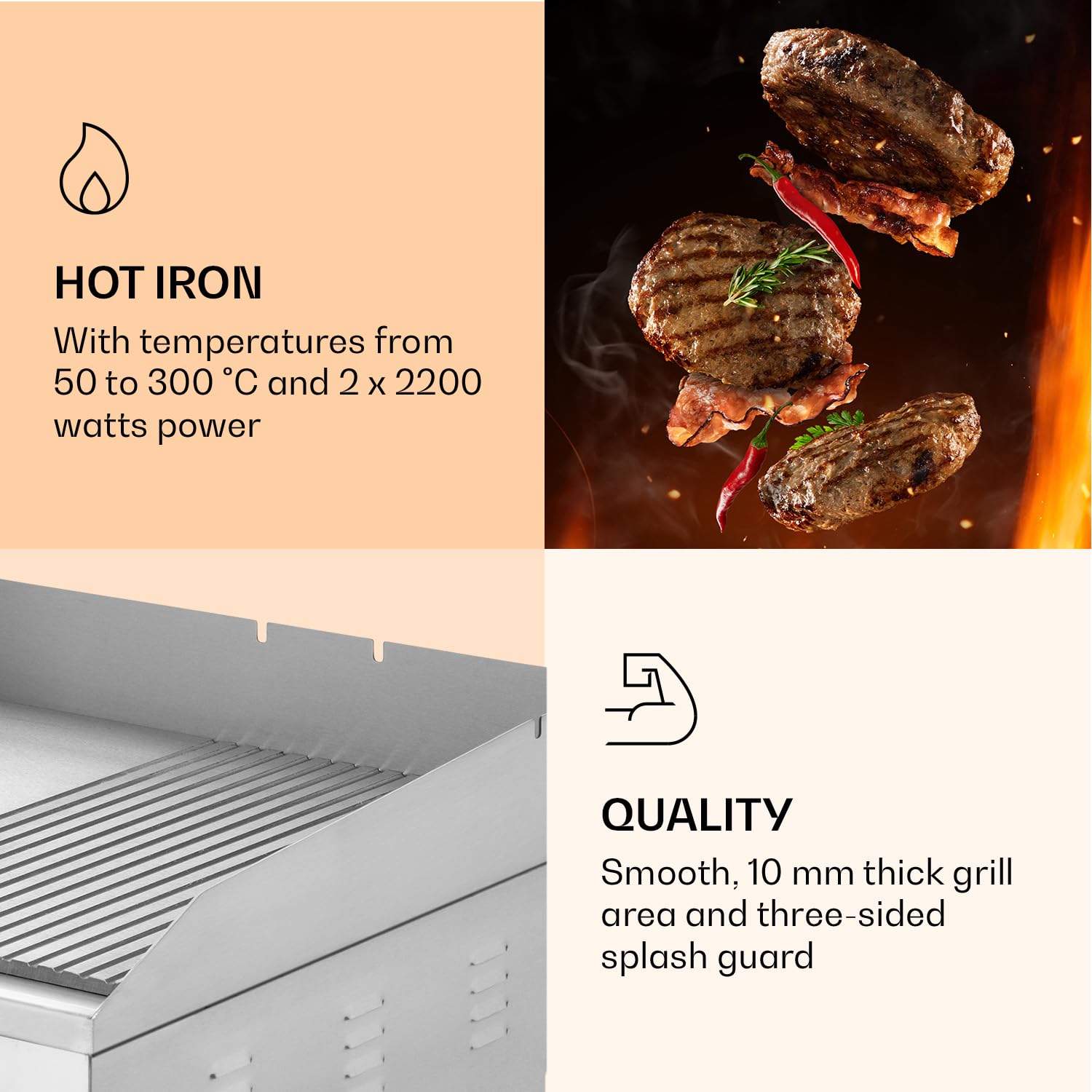 Klarstein Parrilla Eléctrica - Grill de Mesa con Pantalla LED para Balcón e Interior, Acero Inox, Placa Antiadherente Extraíble, Antisalpicaduras, 2 Zonas, 50-300 °C
