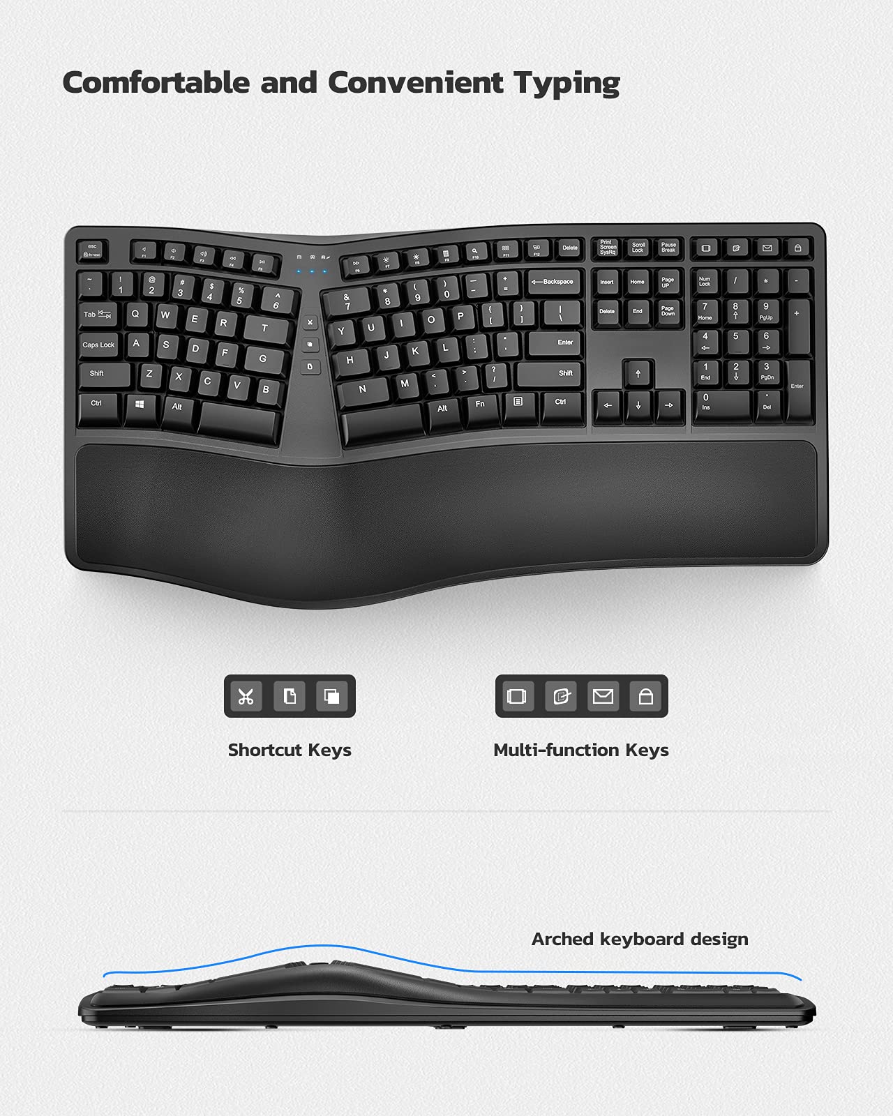 2.4G Wireless Ergonomic Split Keyboard with Pillowed Wrist Rest, USB