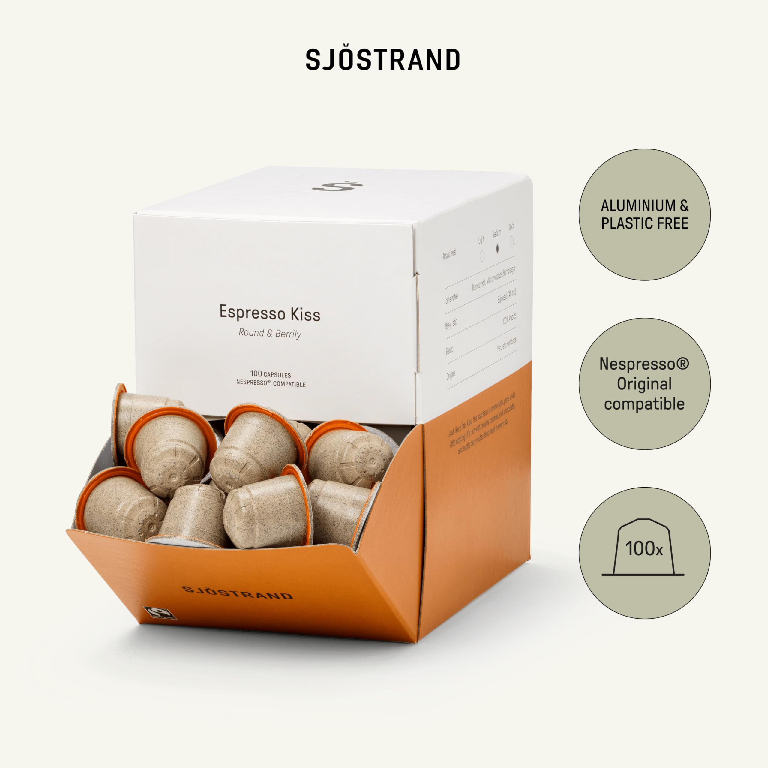 Sjöstrand Coffee Concept Espresso Kiss - Cápsulas de café orgánico, compatibles con Nespresso, 100 cápsulas, compostables, Comercio Justo.