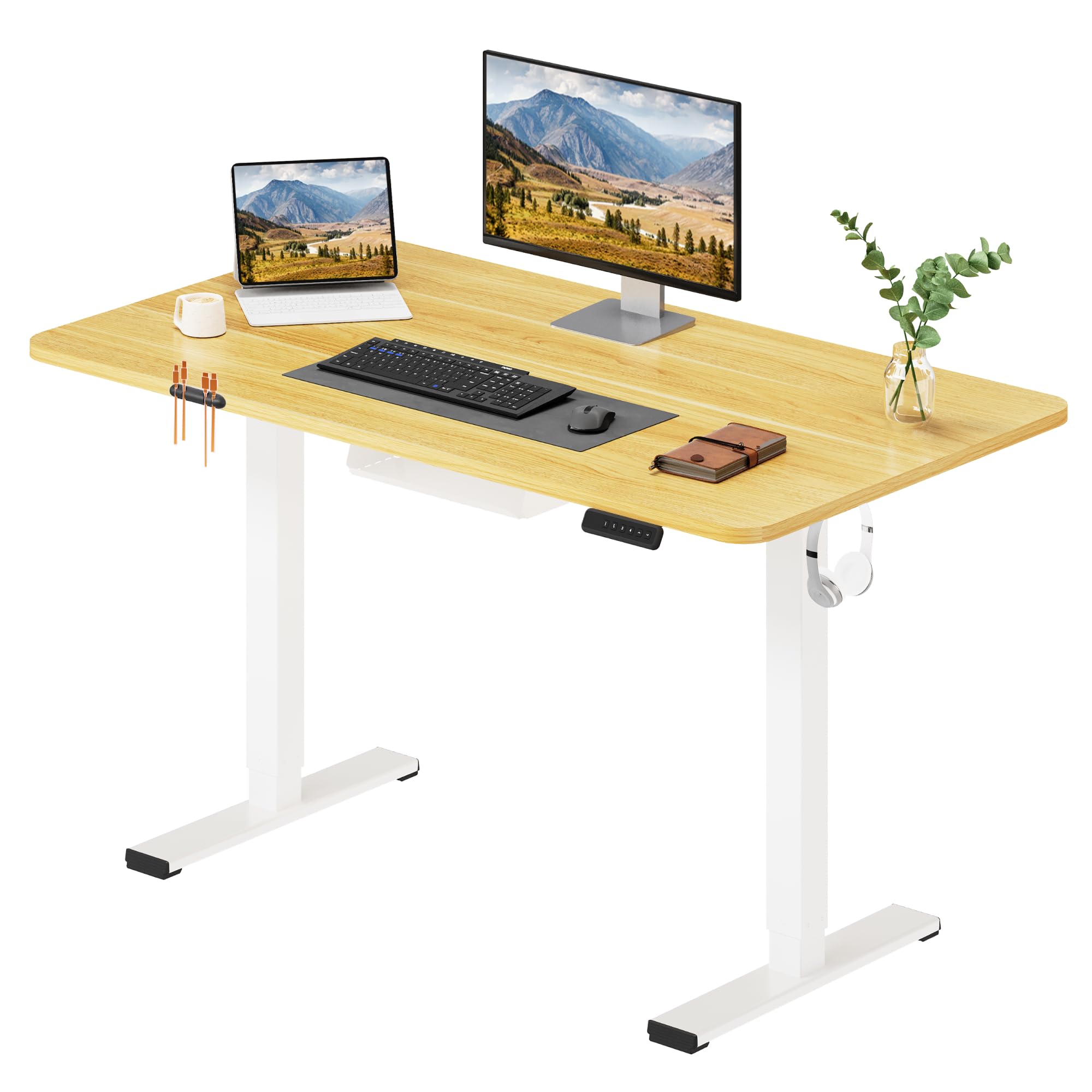 SANODESK Escritorio Elevable Eléctrico 120cm con Tablero Entero de Una Pieza, Regulable en Altura con Memoria, Estable y Silencioso, con Gancho y Portabotella, Oficina y Hogar (Arce)