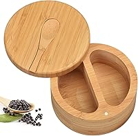 Vista 1 de Caja de bambú para sal y pimienta con tapas, bodega de sal dividida con tapa giratoria y mini cuchara, contenedores de almacenamiento de condimentos