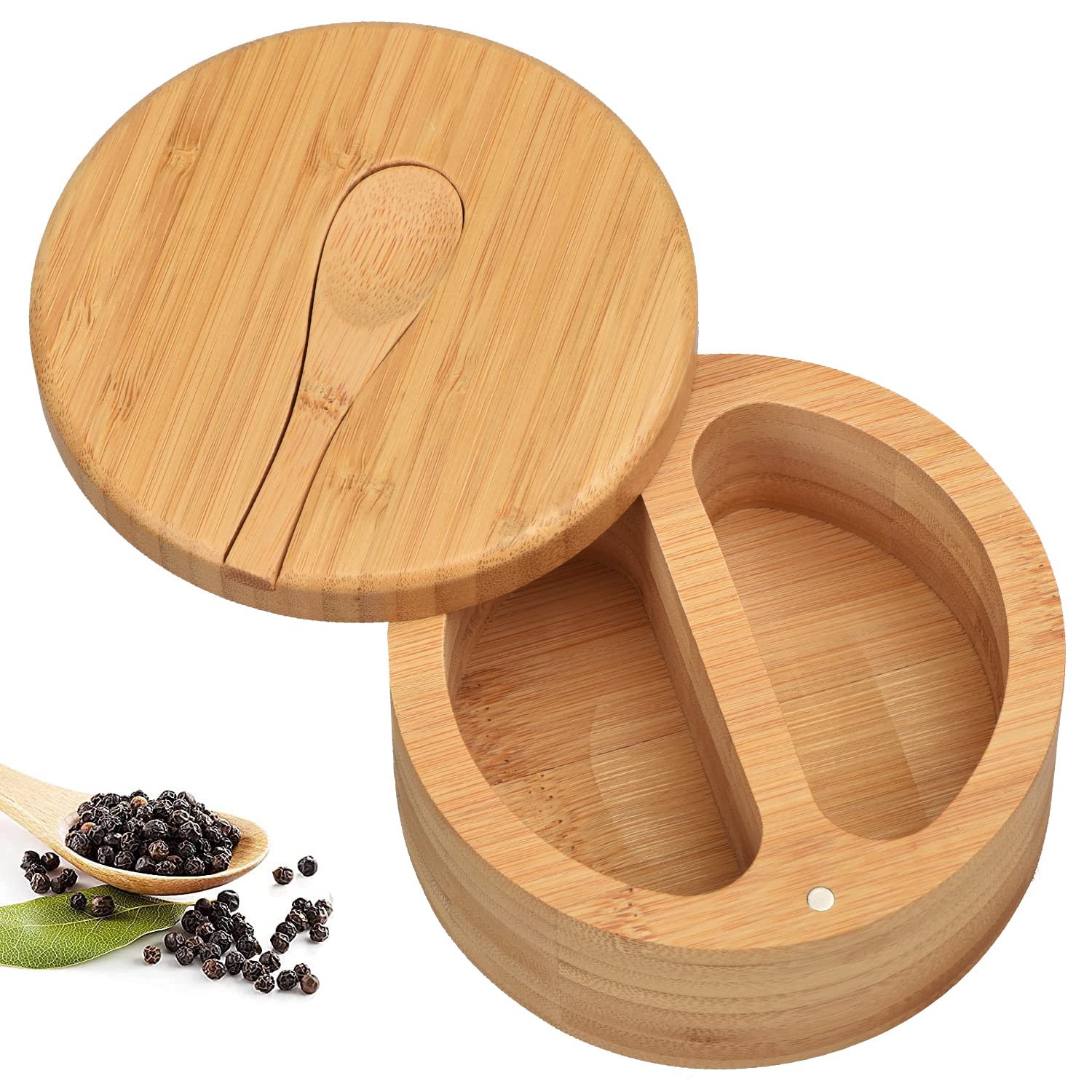 Prefdo Bamboo Salt and Pepper Box with lids, Divided Salt Cellar With Swivel Lid and Mini Spoon, Seasoning Storage Containers Dual 5.6 Ounce Capacity