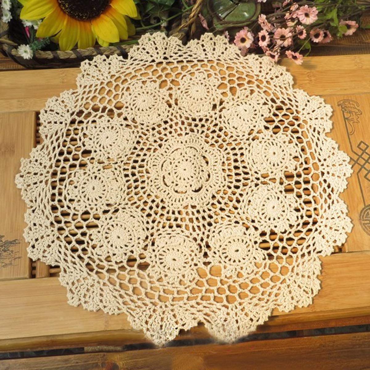 Beige Handmade Crochet Cotton Table Cloth Lace Doilies Round Lace Tablecloths 18 Inches.