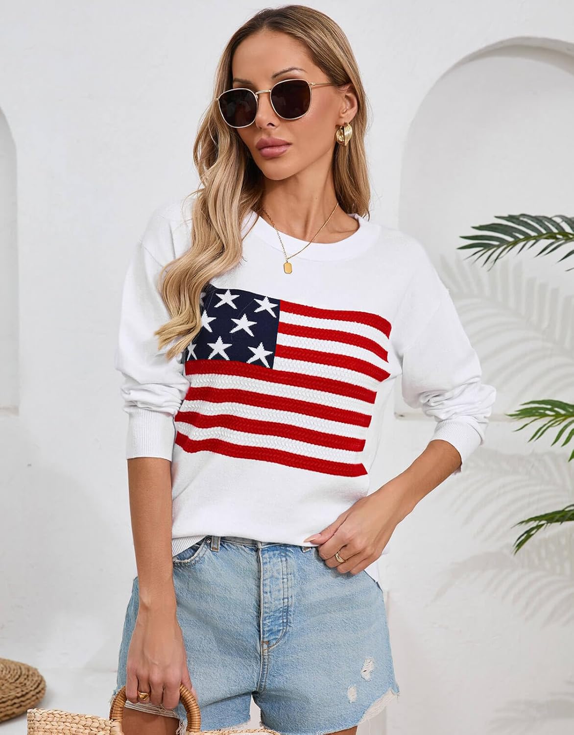 Womens American Flag Sweater, Long Sleeve Crewneck Colorblock Striped Pullover with Drop Shoulder - Casual Knitted Sweaters - Image 3