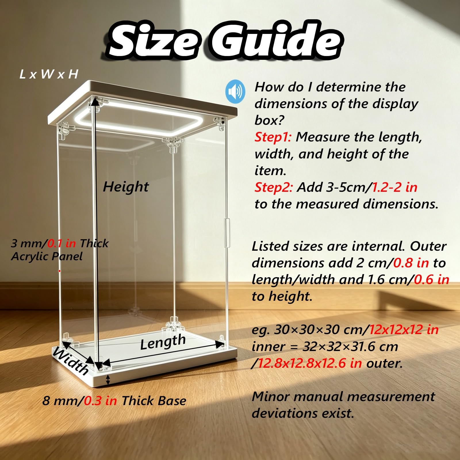 Vitrina acrílica con iluminación, Caja Transparente apilable