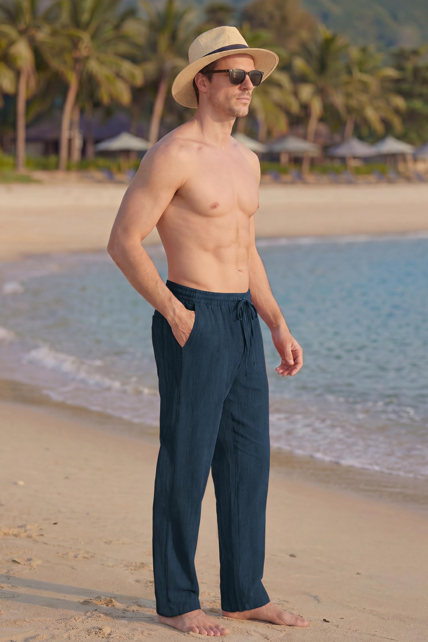 Enlision Pantalones Lino Hombre Verano Cintura Elástica Pantalones de Lino Hombre Casual con Bolsilos Ligeros S-2XL