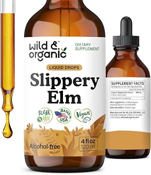 Wild & Organic Slippery Elm Liquid Drops - Lung, Digestive & Womens Support - Slippery Elm Bark Supplement - Add to Tea Tincture - Ulmus Rubra Herb - Vegan, Sugar & Alcohol-Free - 4 fl oz