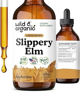 Wild & Organic Slippery Elm Liquid Drops - Lung, Digestive & Women's Support - Slippery Elm Bark Extract Tincture - Ulmus Rubra Supplement - Vegan, Sugar & Alcohol-Free - 4 fl oz