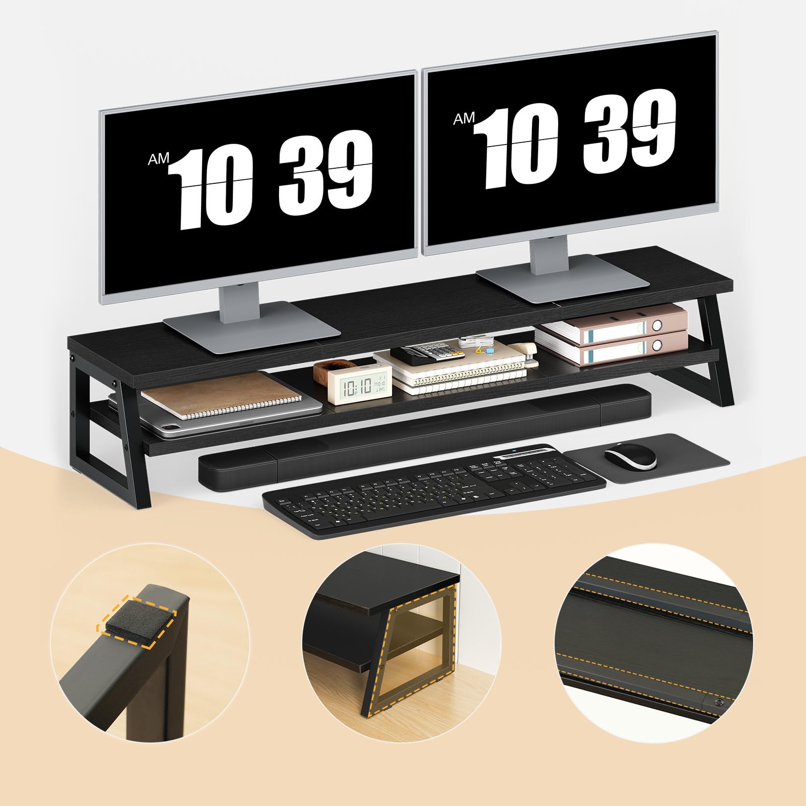 HOOBRO Supporto Monitor Scrivania a 2 Livelli per 2 Monitor, Supporto per Monitor con Rialzo per Monitor, Mensola da Scrivania per Ufficio con Spazio Contenitore, Accessori, Nero EBB122CJ01