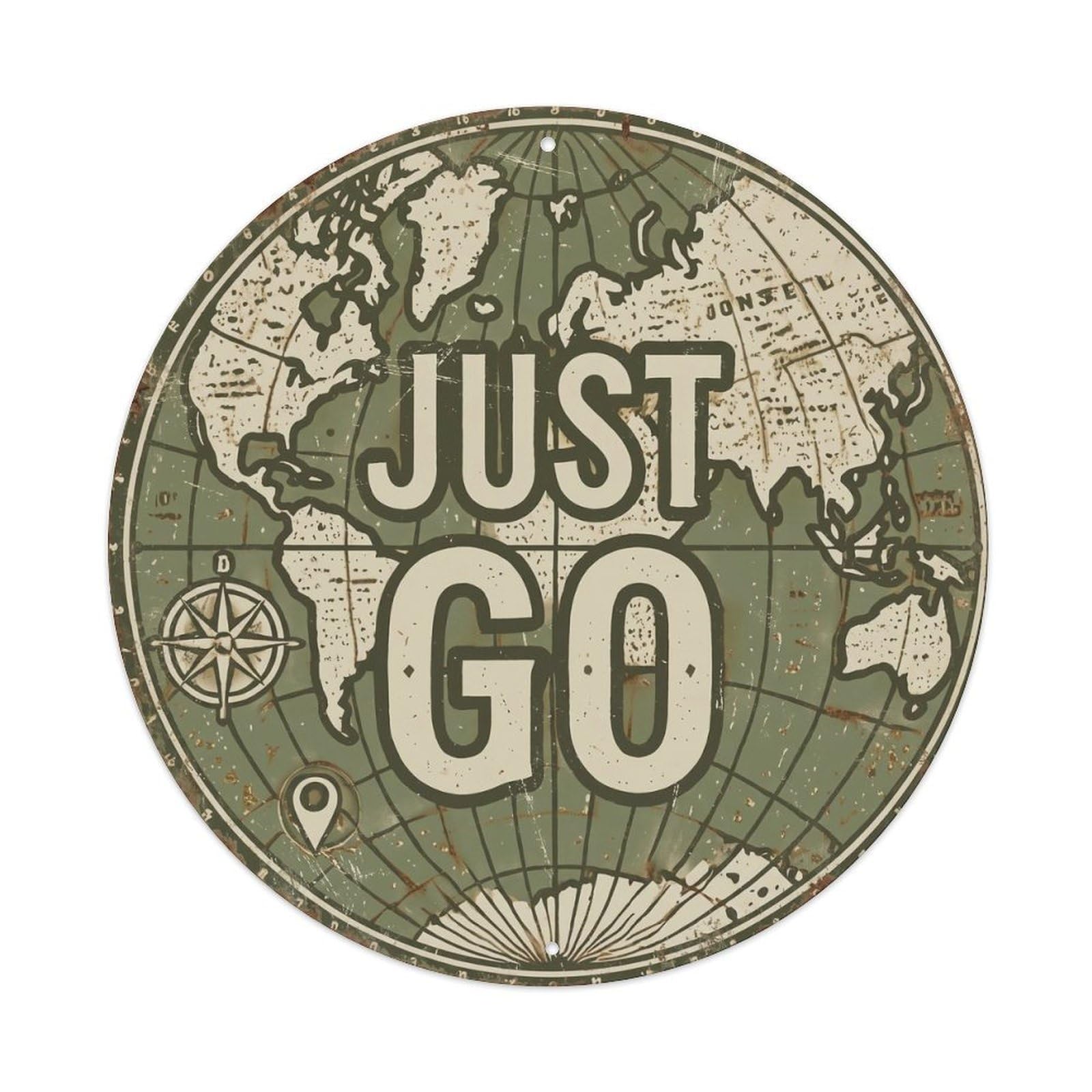 Vintage World Map with Compass Just Go Roving Metal Tin Sign
