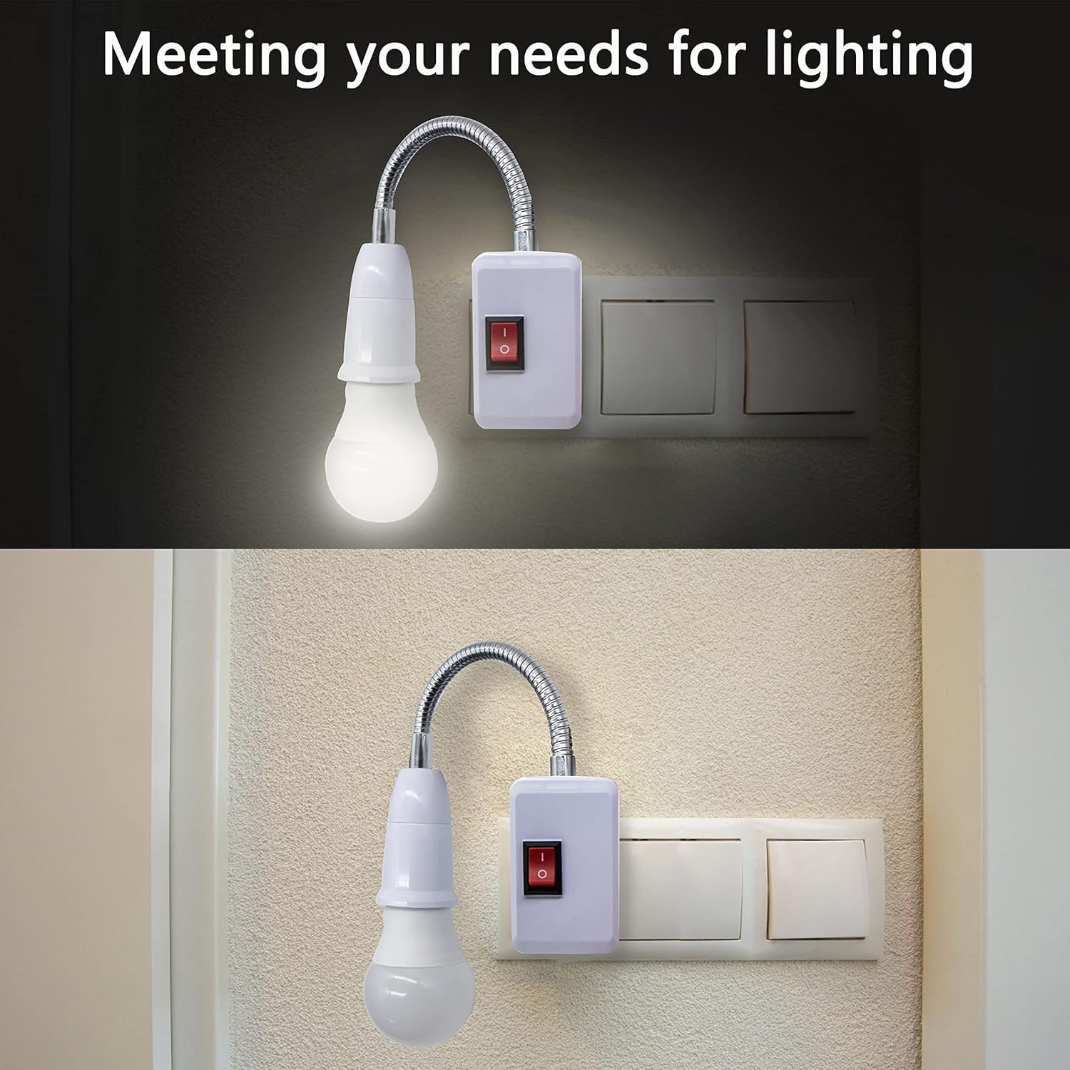 TECHZOCO Portalámparas E27 con Interruptor, Adaptador de Enchufe E27 Europeo, Rotación de 360° Con Cuello de Cisne Flexible, Interruptor ON/OFF, Apto para Dormitorios, Cocinas, Pasillos, Lectura