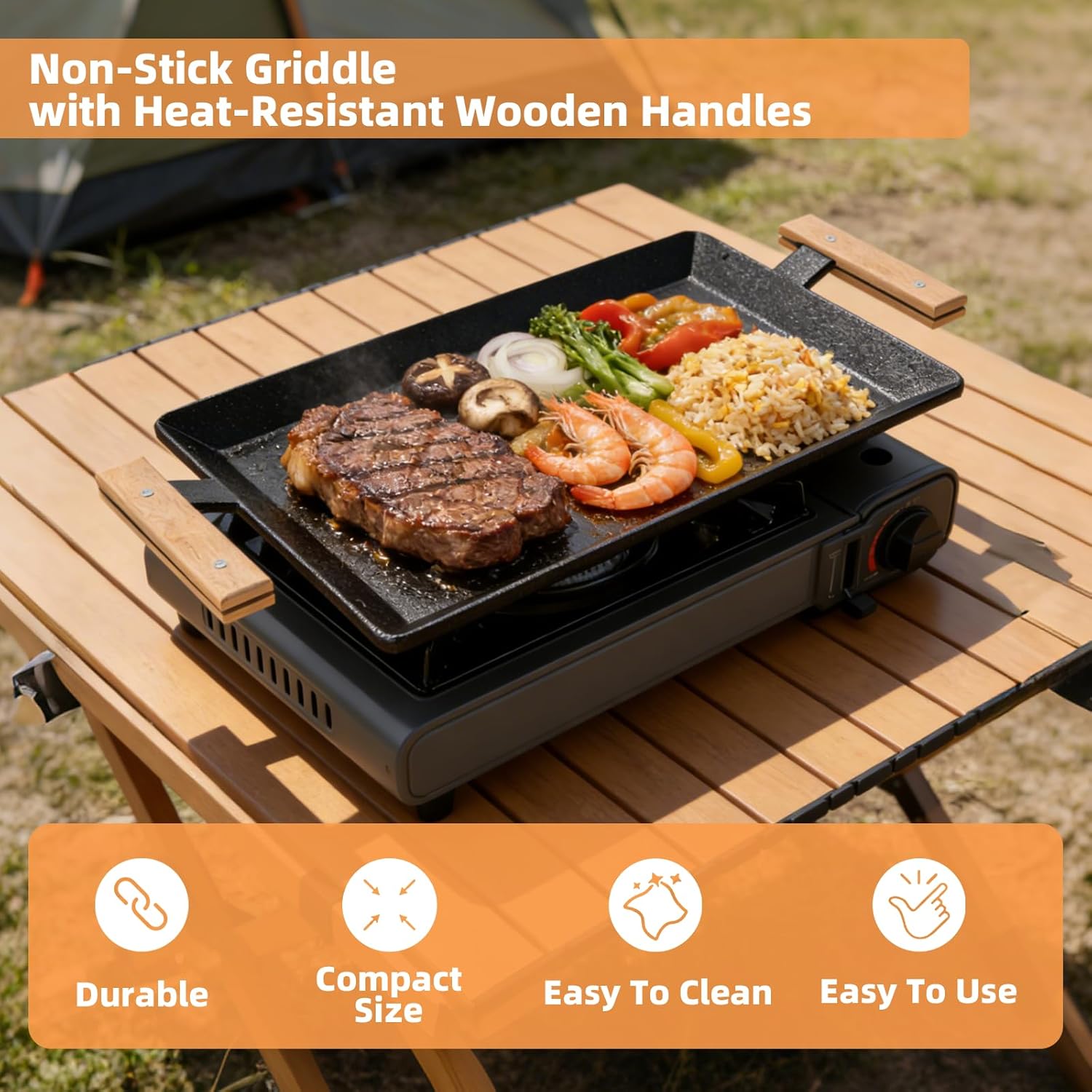24 In Universal Large Carbon Steel Griddle, Pre-Seasoned for Double Burner Stovetop Induction and Gas/Charcoal Grill Griddle with Anti-scald Wooden Handle- Professional Cookware for BBQ