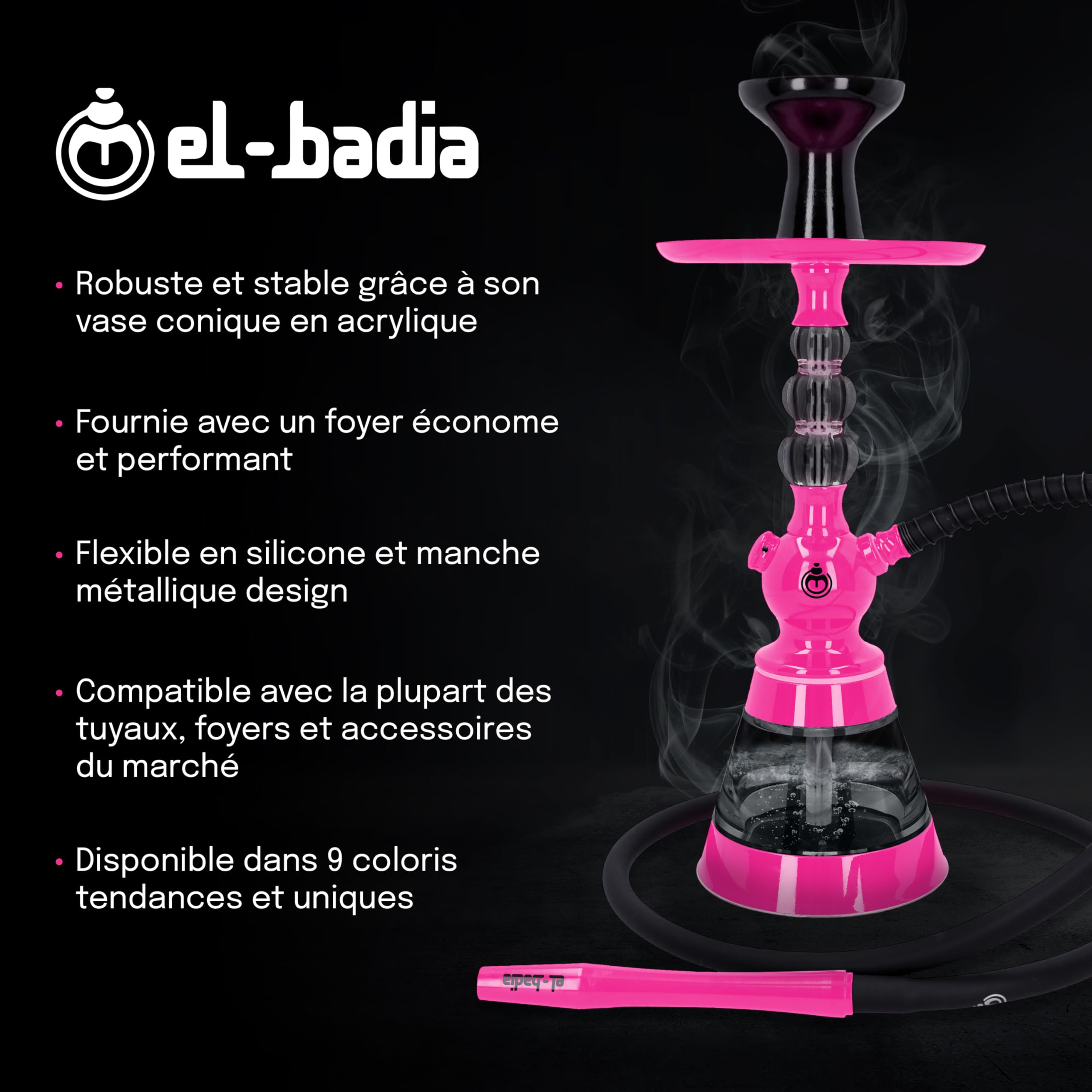 Shisha EL-BADIA CELESTE - 45 cm - Cachimba ligera con jarrón acrílico, manguera de silicona, mango de metal y fooyer Phunnel - Diseño iónico y colores de moda (Acid Pink)