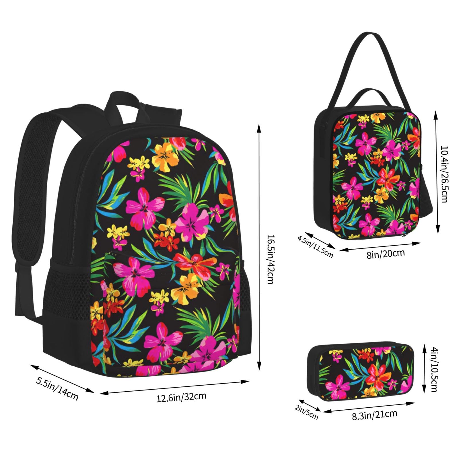 Juego de 3 mochilas escolares hawaianas con estampado de flores coloridas, mochila para laptop resistente al agua de gran capacidad con bolsa de almuerzo aislada y estuche para lápices para