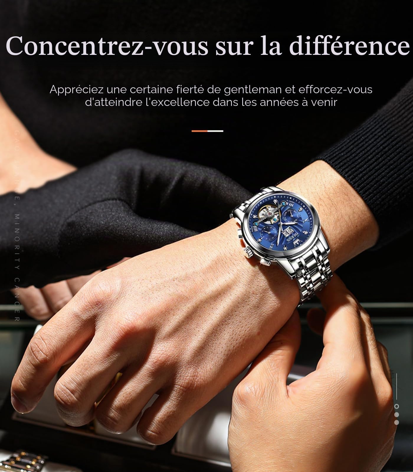 OLEVS Montre Automatique pour Homme - Mécanique Squelette à remontage Automatique - Montre de Luxe - Phase de Lune - Lumineuse - Jour - Date - Étanche