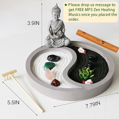 Miniatura 6 de Mini kit de jardín zen para escritorio, Yin Yang Crystal Sand Rock Garden con rastrillo zen de Buda, piedras curativas, arena blanca, juego de