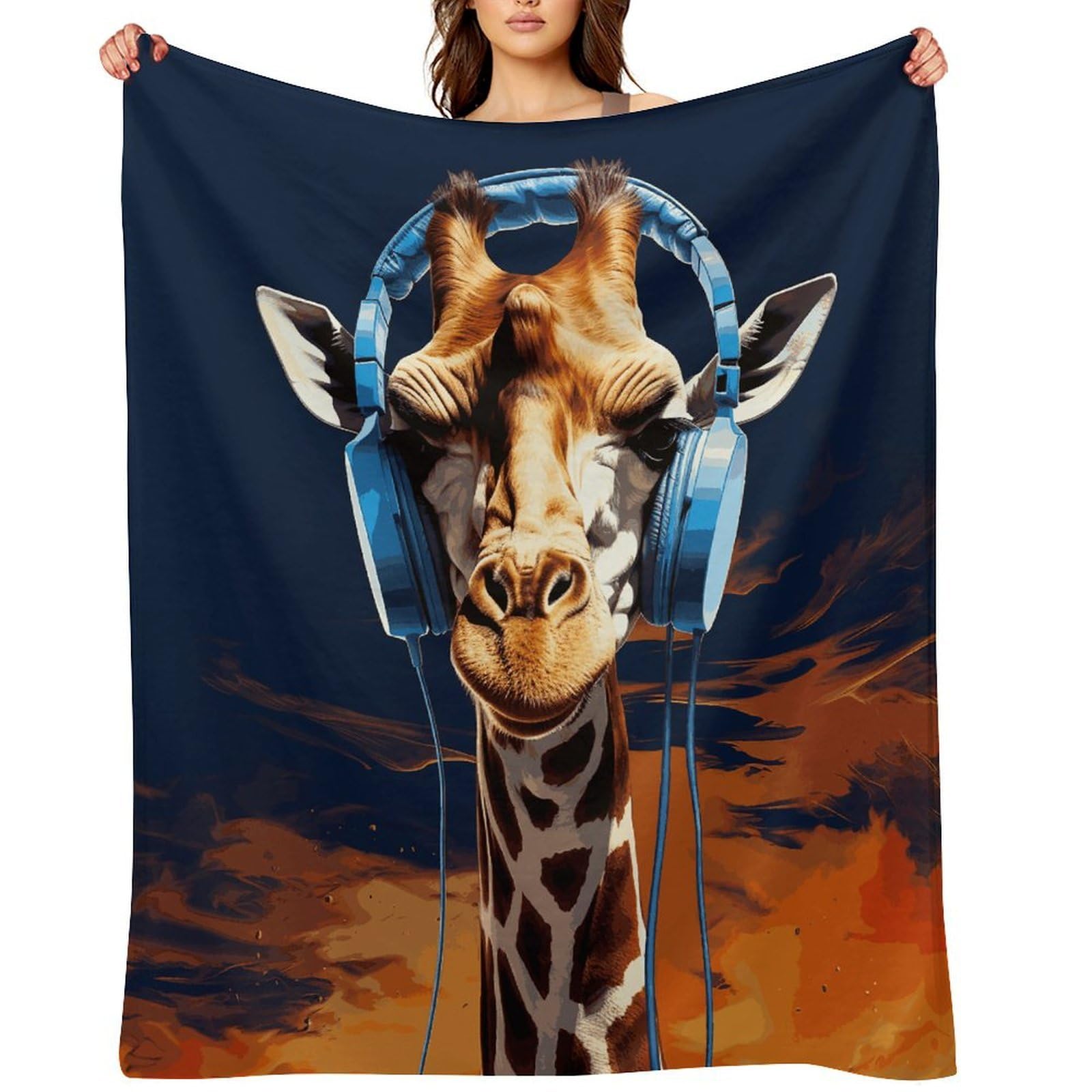 Fekiloot Style Giraffe Wearing Headphones Throw Blankets Camping Blanket50 X60