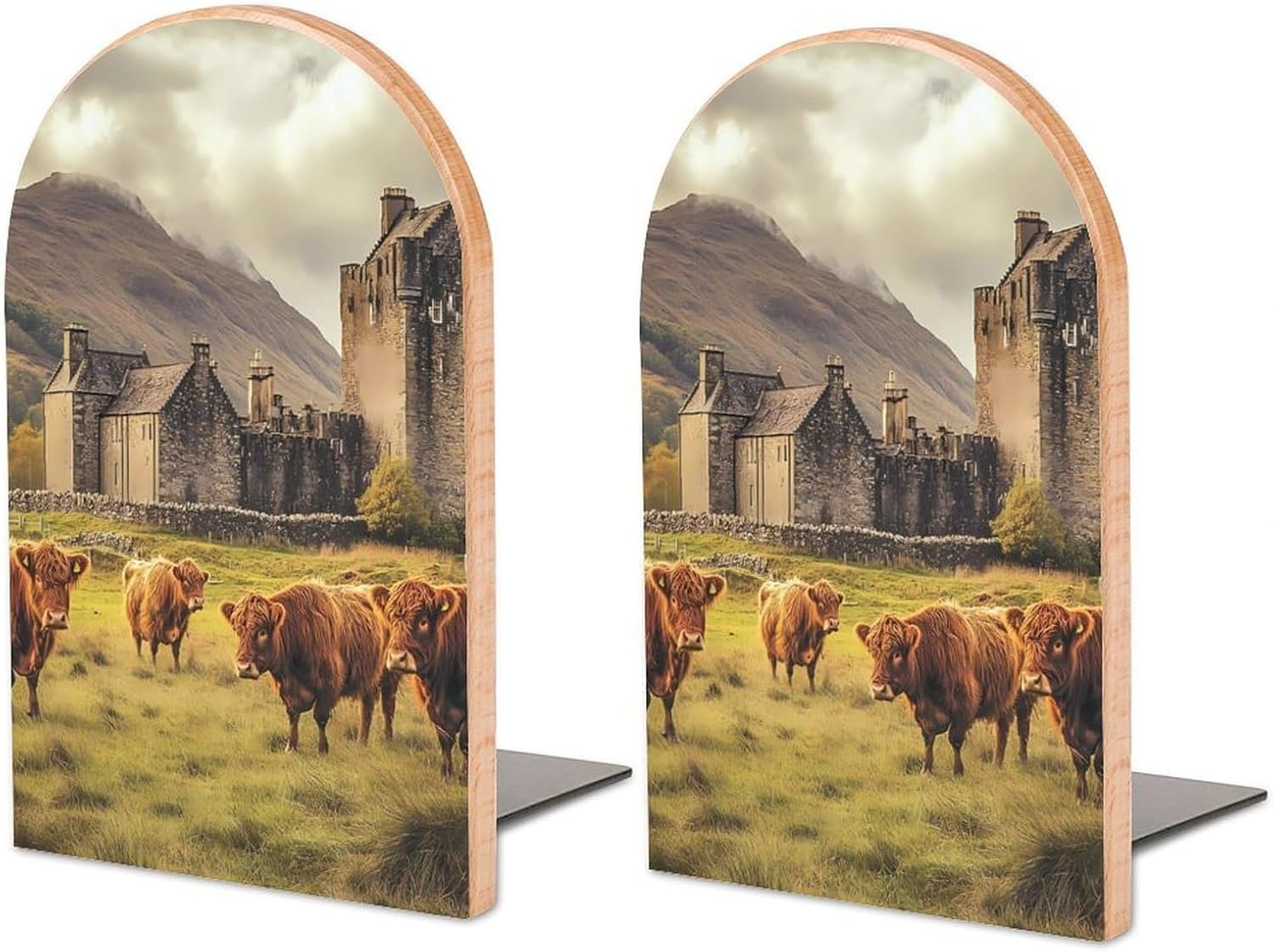 Basse Castle Scottish Highland Cows Cute Wood Book Ends Decorative Bookends 1 Pair Non-Skid for Shelves Home Office 7 X 5 Inch